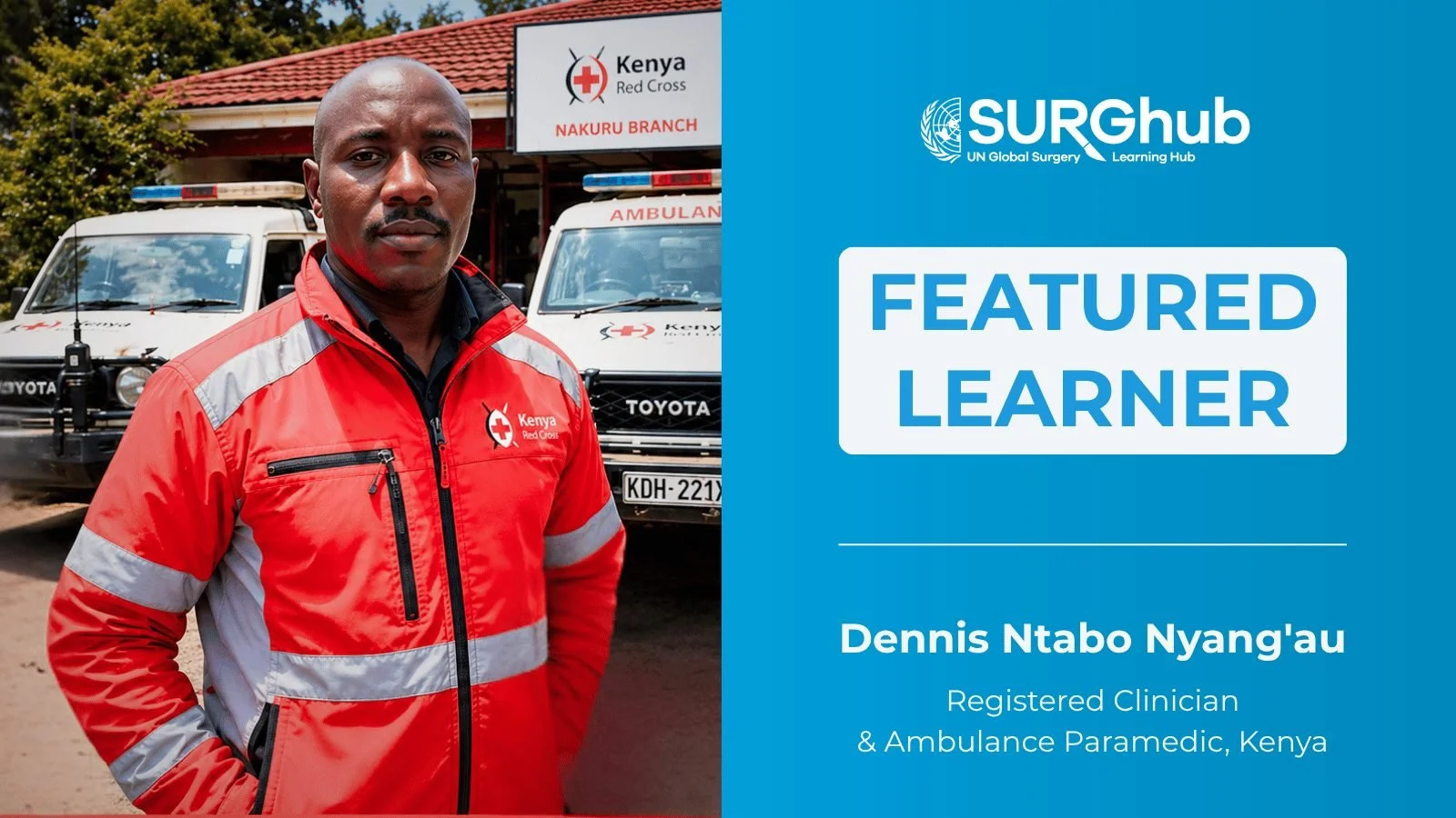 SURGhub featured learner Dennis Ntabo Nyang'au, a paramedic in Kenya, beside an ambulance