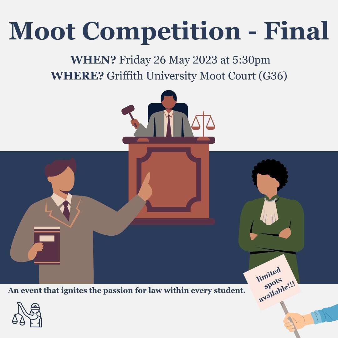 📣 Calling on all legal minds! 📣

Join us as we immerse ourselves in the captivating world of mooting! 

Witness the pinnacle of legal advocacy with our competitors Mina Storey &amp; Bridget Spry representing the plaintiff, in addition to Mitchel Ha