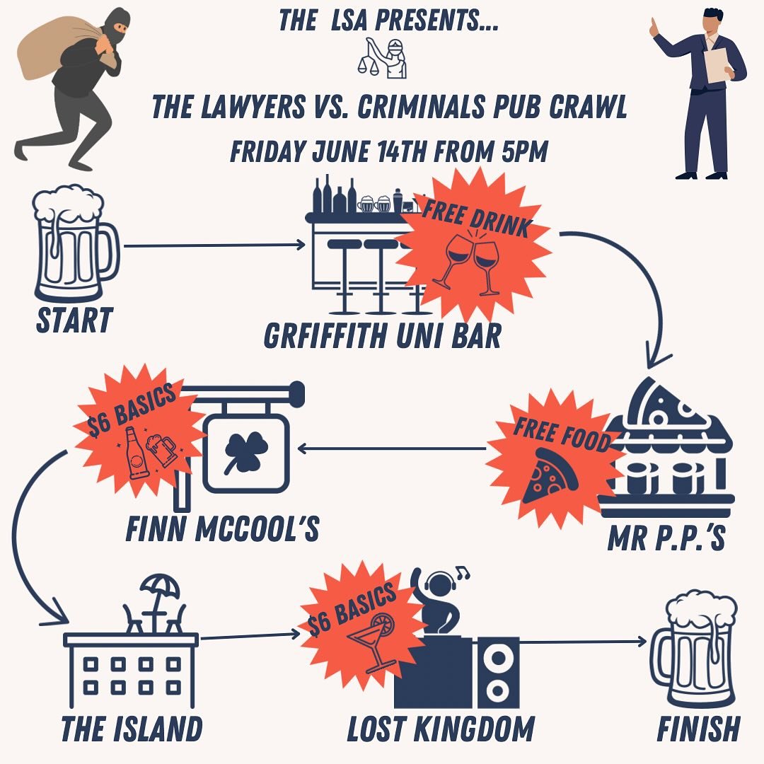 🥂Join us for the GULSA Lawyers vs Criminals Pub Crawl! 🕵️&zwj;♂️⚖️🦹&zwj;♂️ 

 🗓️ Friday June 14th from 5pm 

🍻 Uni Bar Kickoff (5-7pm): One Free Drink for Ticket holders ! (Griffith University, Gold Coast) 

🍕Mr. P.P.&rsquo;s Rooftop &amp; Lane