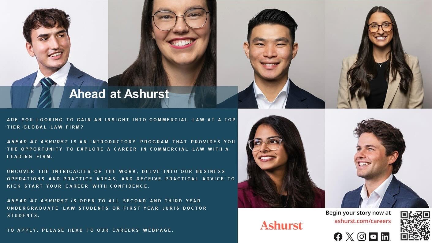 &ldquo;Ahead at Ashurst&rdquo; - pre-penultimate programme 👩🏼&zwj;💼

Gain an insight into Commercial Law at a top tier law firm with Ashurt&rsquo;s &ldquo;Ahead at Ashurst&rdquo; - an introductory Pre-penultimate program that provides you the oppo