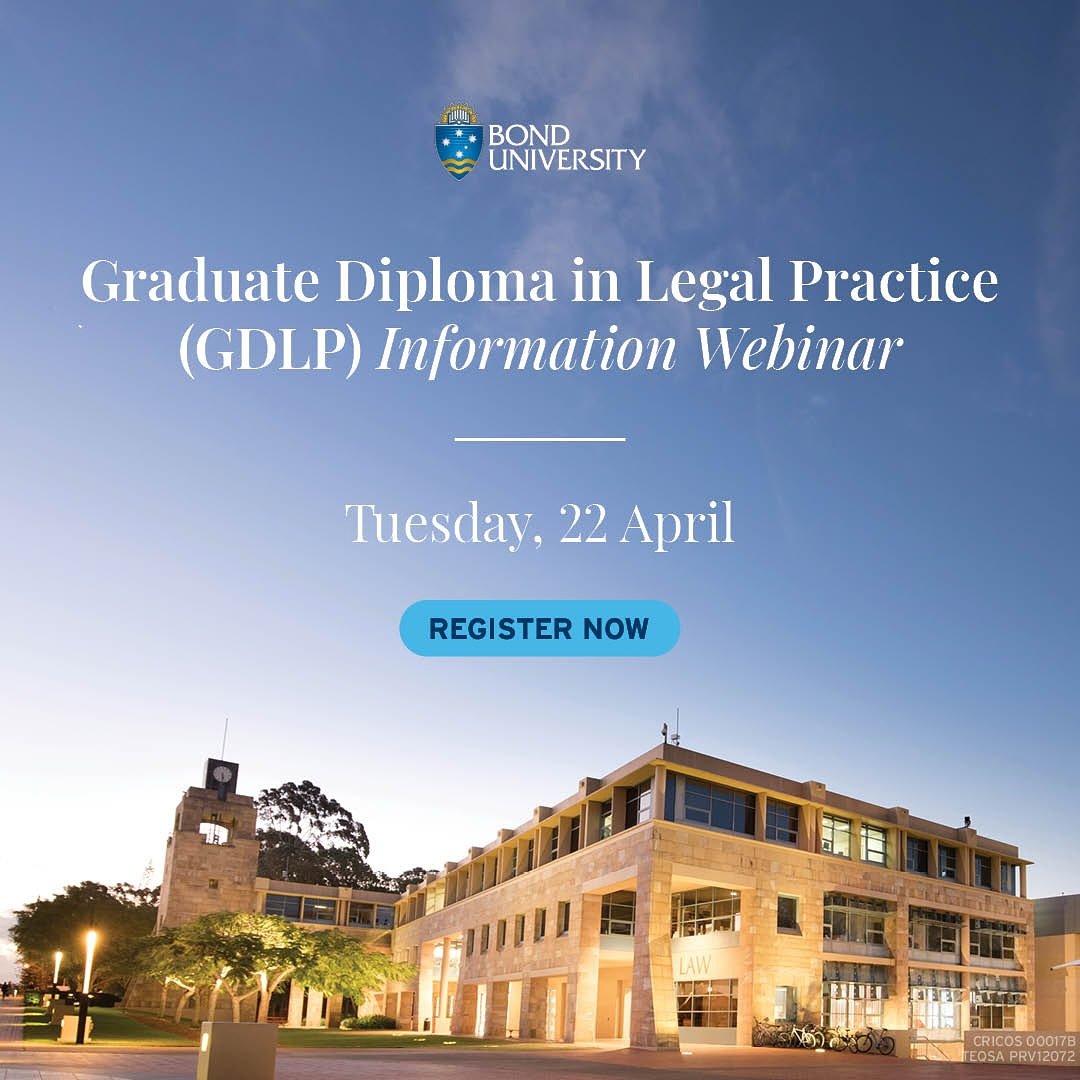 Ready for admission to legal practice? 

Join Bond&rsquo;s upcoming Graduate Diploma in Legal Practice (GDLP) webinar on Tuesday, 22 April at 1:00 pm to learn about completing your Practical Legal Training (PLT). 

Register now at https://bond.edu.au