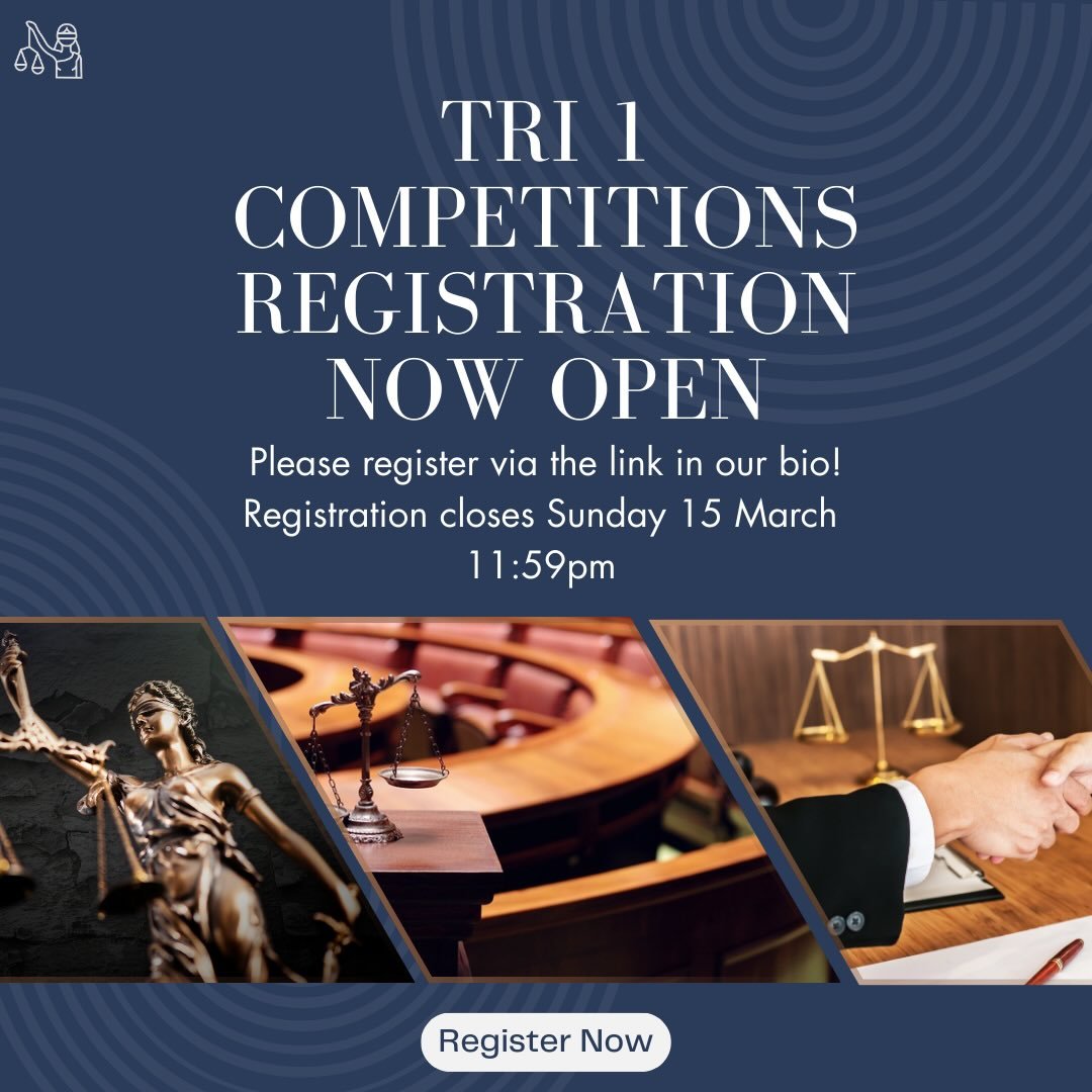 Trimester 1 Competitions are officially OPEN ⚖️✨

Whether you&rsquo;re in your first year or your last year, a seasoned competitor or your first time, these competitions are for everyone! 

Round 1 starts week 5 of the trimester

Register Today! 

Se