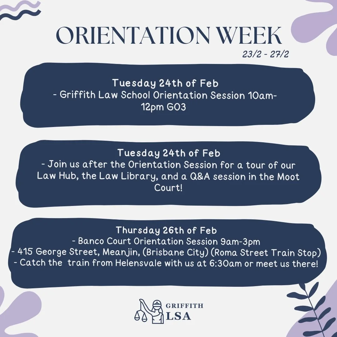 Get ready for O-Week! This quick guide outlines the main events for new law students this trimester! Come join us for a tour of the Law Hub and Law Library and then travel with us to Banco court on Thursday! 

#lawschool #griffithuni #student #court