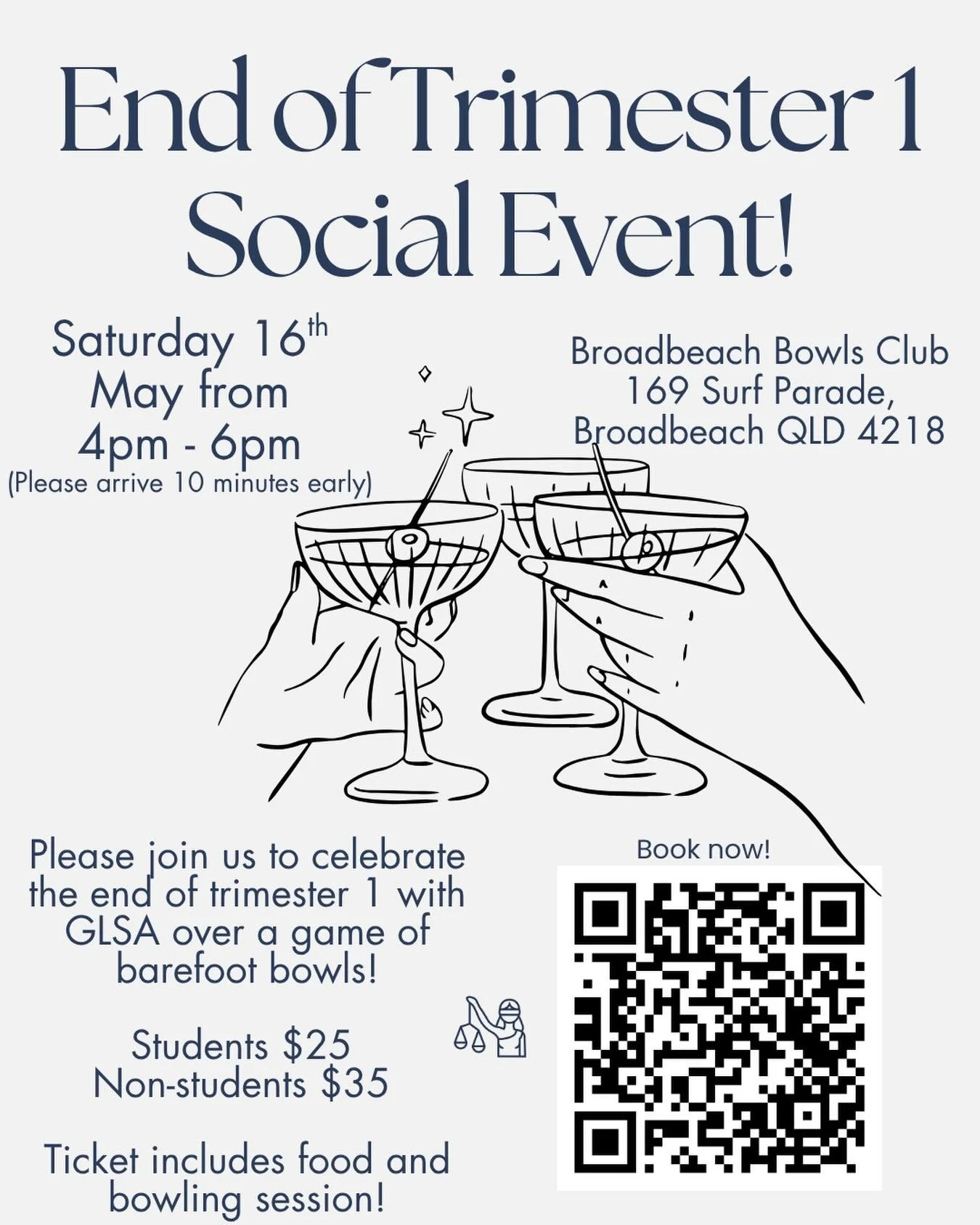 Come celebrate nearing the end of Trimester 1 with the GLSA over a game of barefoot bowls! 🍻

Situated adjacent to Broadbeach Park, enjoy playing a game of barefoot bowls with your fellow friends and law students on us, all the while soaking in the 