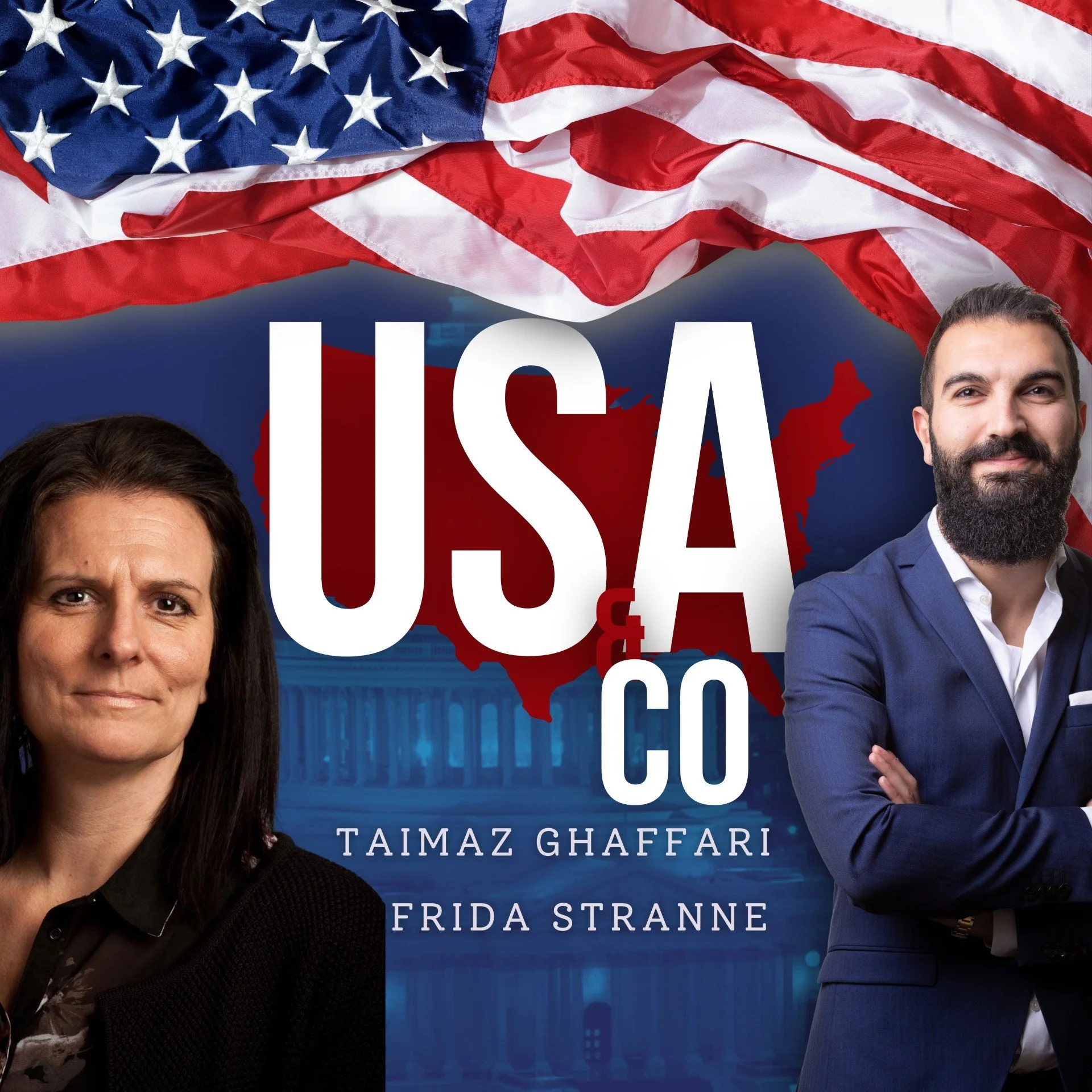 Omslag av en bok eller mörk bild med amerikanska flaggan som vimplar, silhuett av USA-karta, och porträtt av en kvinna och en man i affärskläder. Text: 'USA & Co', av Taimaz Ghaffari och Frida Stranne.
