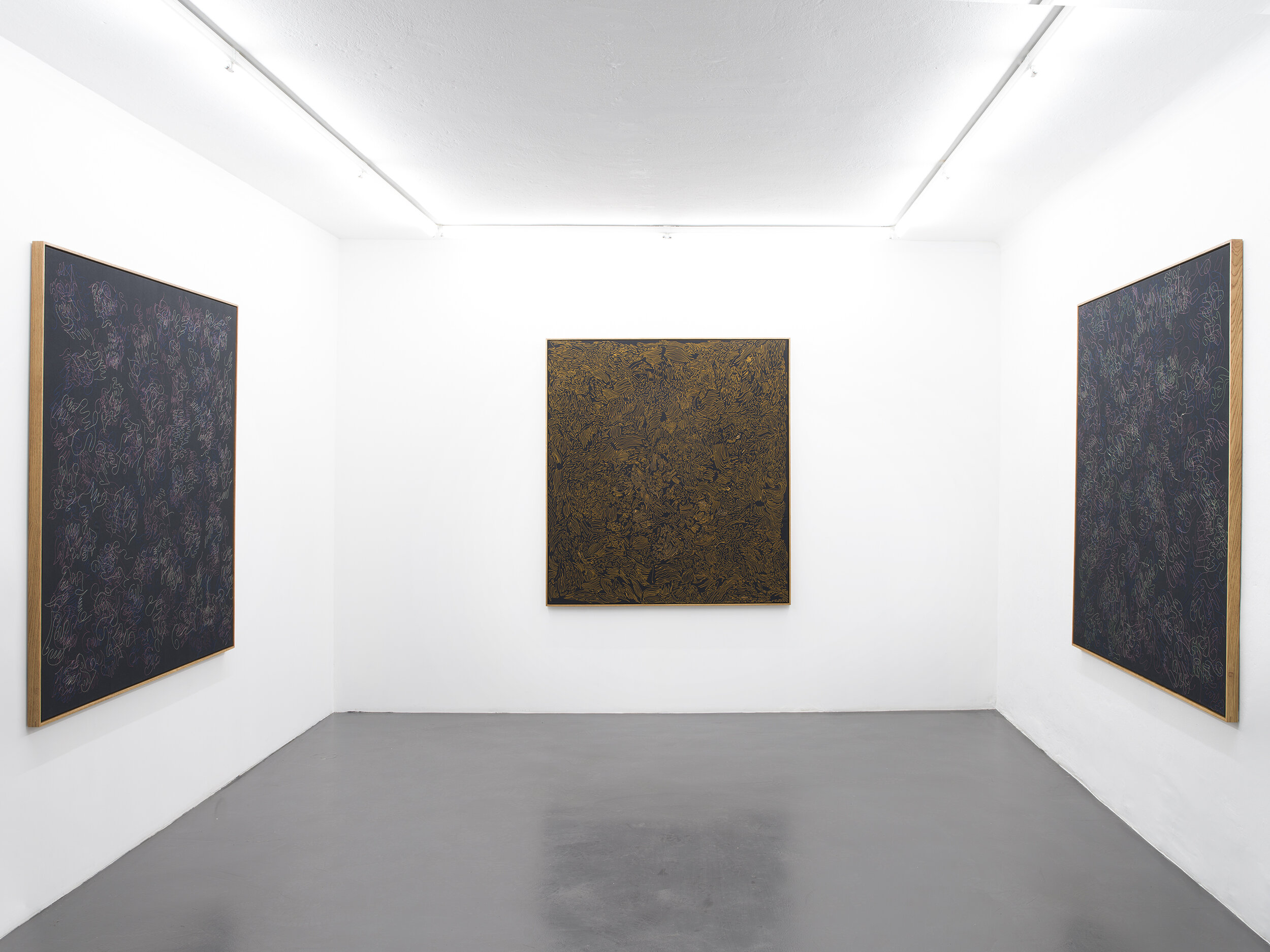 Room 1  From Left:  Bendybends (1), 2020 Inner Archipelago (2), 2020  Bendybends (2), 2020  Thread on polyester canvas, in oak frames, 143 x 133 cm