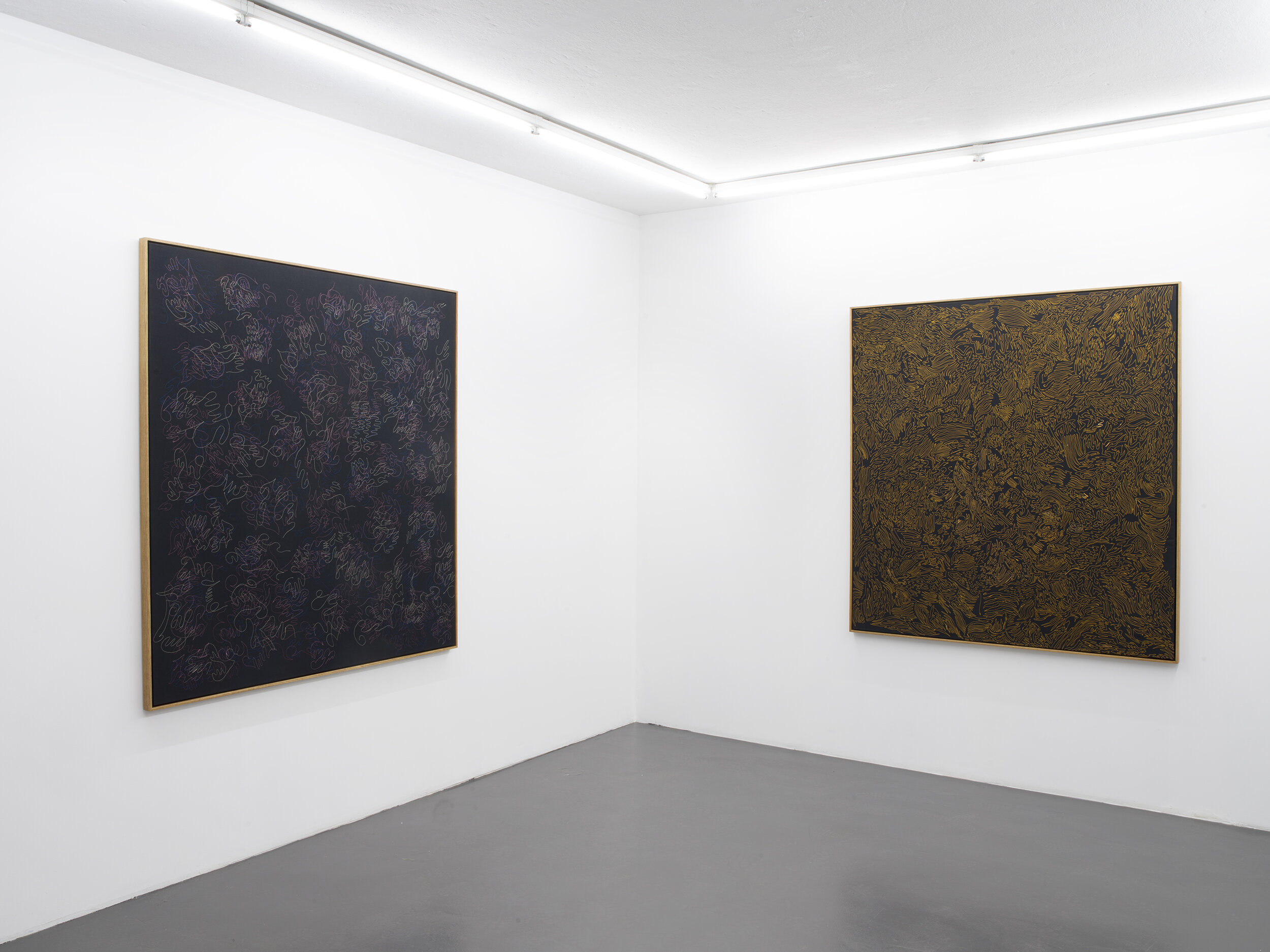  Room 1  From Left:  Bendybends (1), 2020 Inner Archipelago (2), 2020   Thread on polyester canvas, in oak frames, 143 x 133 cm
