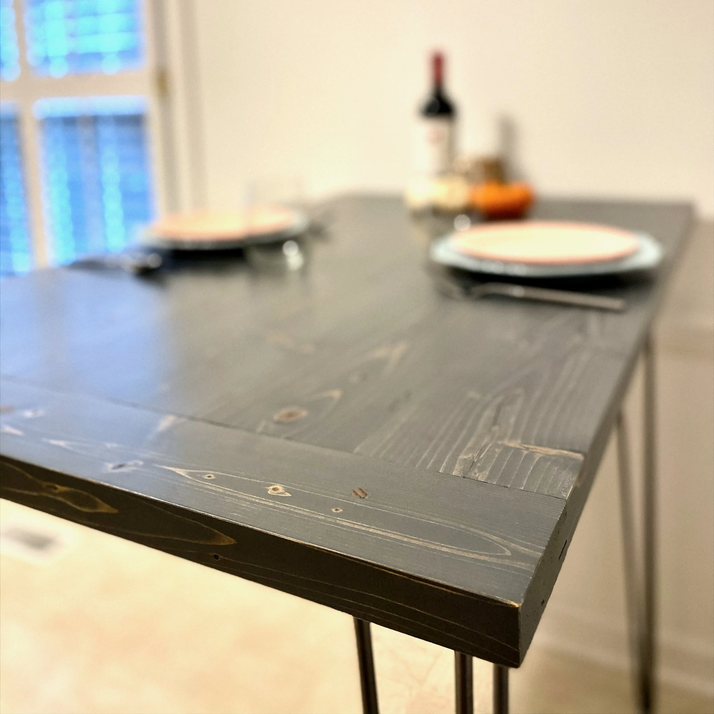 stained pine bar height table