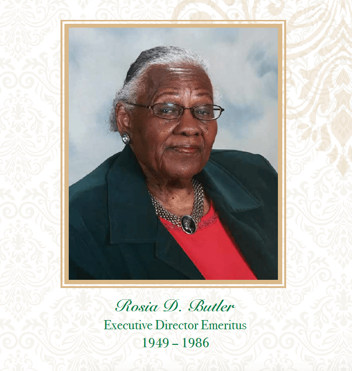 Portrait of Rosia D. Butler, an elderly woman with gray hair, glasses, and earrings, wearing a red top, black jacket, and a necklace, on a decorative background with her name and title.