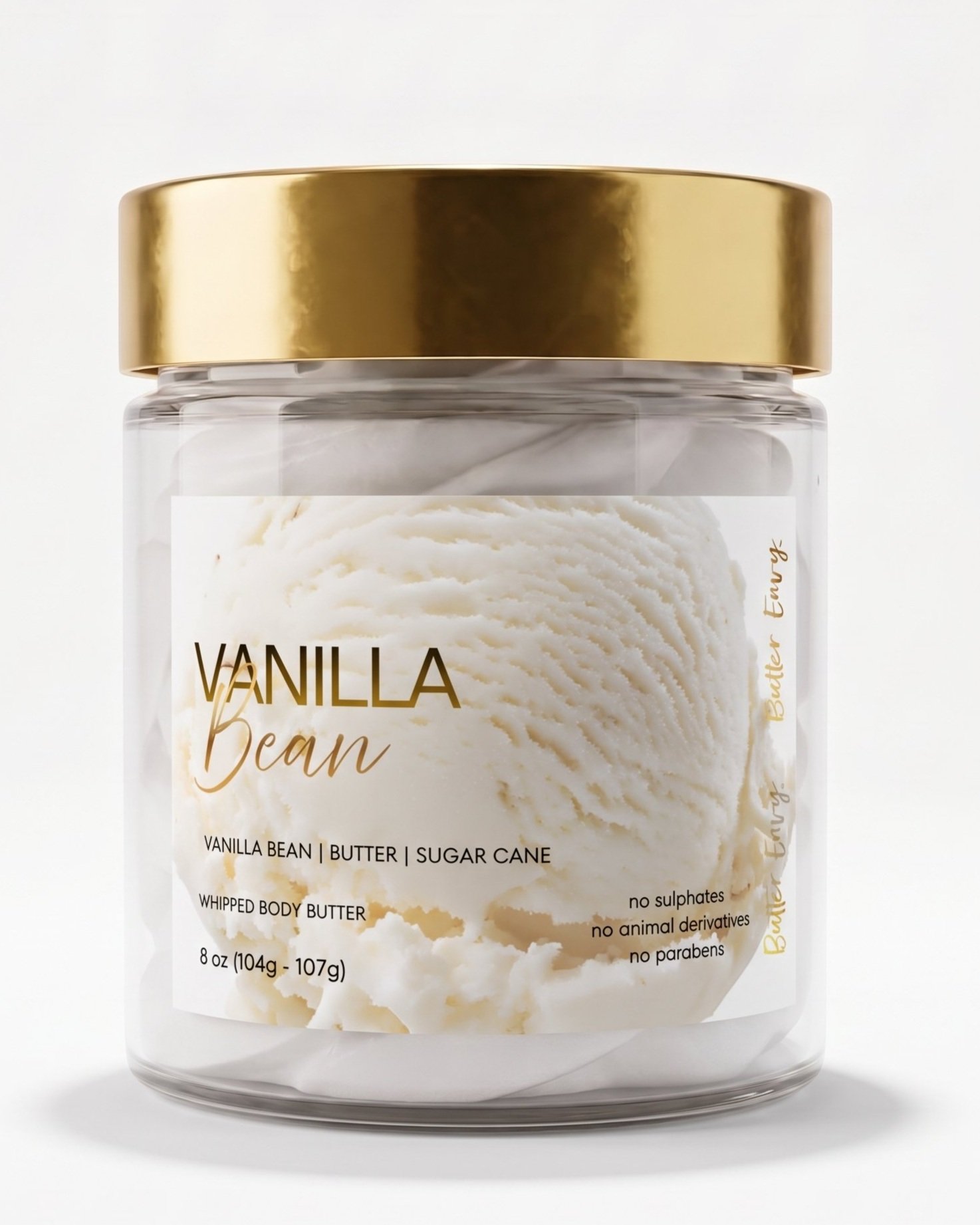 Silky whipped texture of Vanilla Bean body butter with notes of rich butter and sugar cane