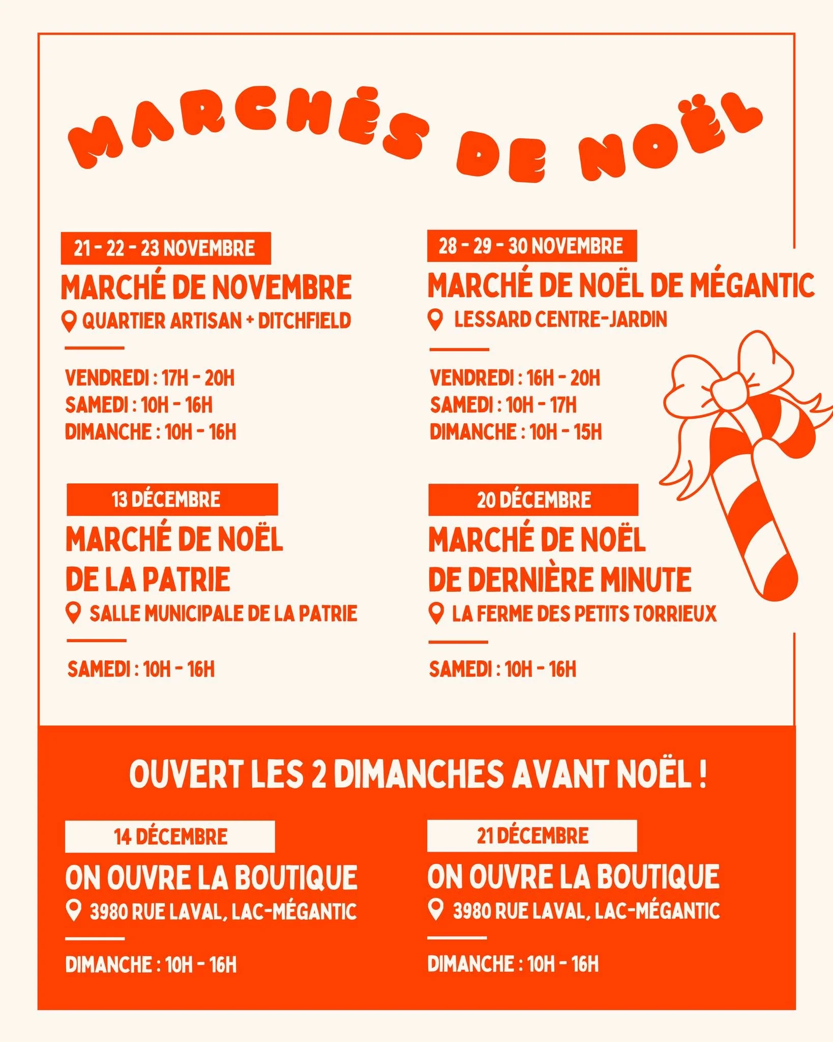 Entre les march&eacute;s de No&euml;l et la f&eacute;brilit&eacute; du temps des F&ecirc;tes, on se r&eacute;jouit de vous retrouver un peu partout 🎄
Et bonne nouvelle : la boutique sera aussi ouverte les deux dimanches avant No&euml;l pour vous per