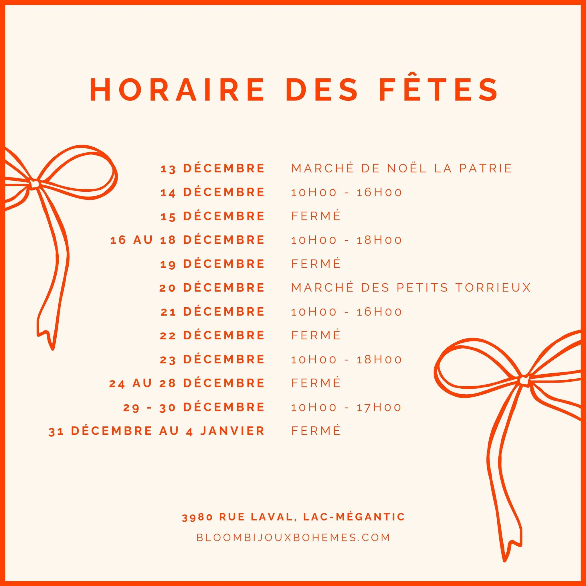 Voici notre horaire pour la p&eacute;riode des f&ecirc;tes ! ❤️✨