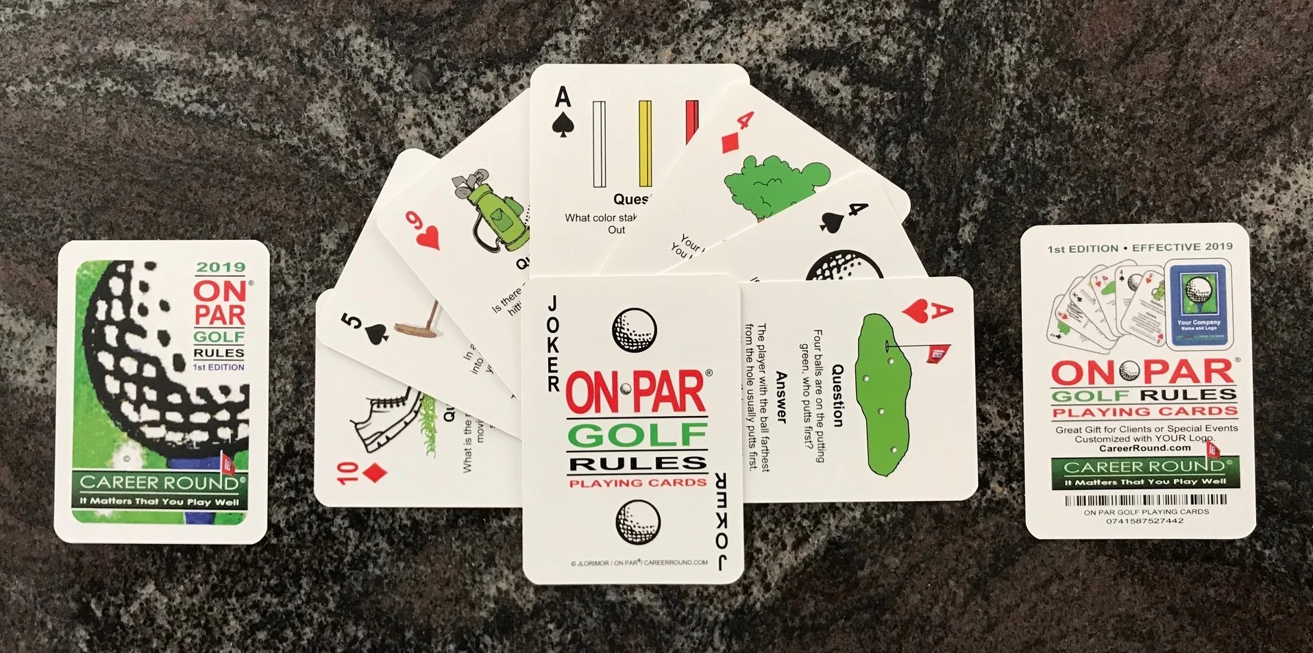 Each card has a brief Rule of Golf in Question and Answer format and illustrations that visually display each unique situation. Poker sized decks include jokers and are substantial weight for durability and ease of play.
