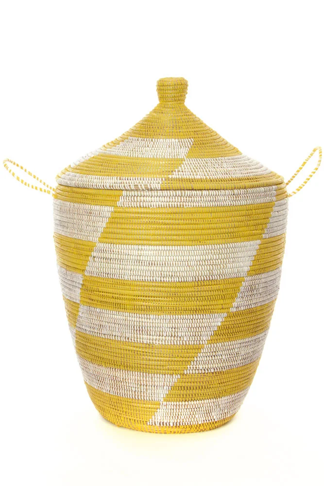 Set of Three Yellow and White Mixed Pattern Hampers4.jpg