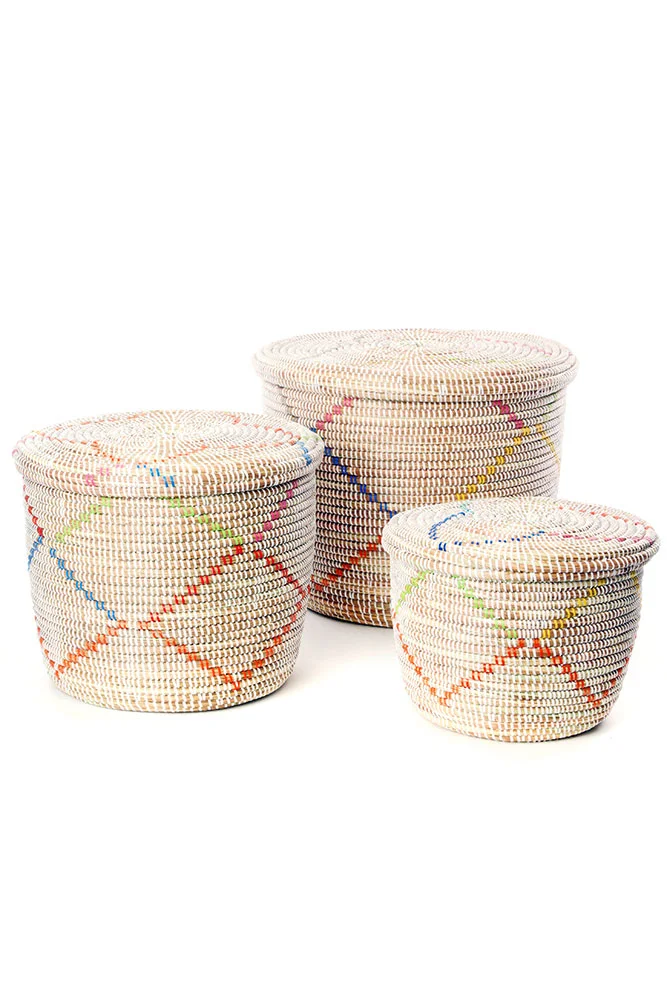 Set of Three Rainbow Garland Lidded White Storage Baskets1.jpg