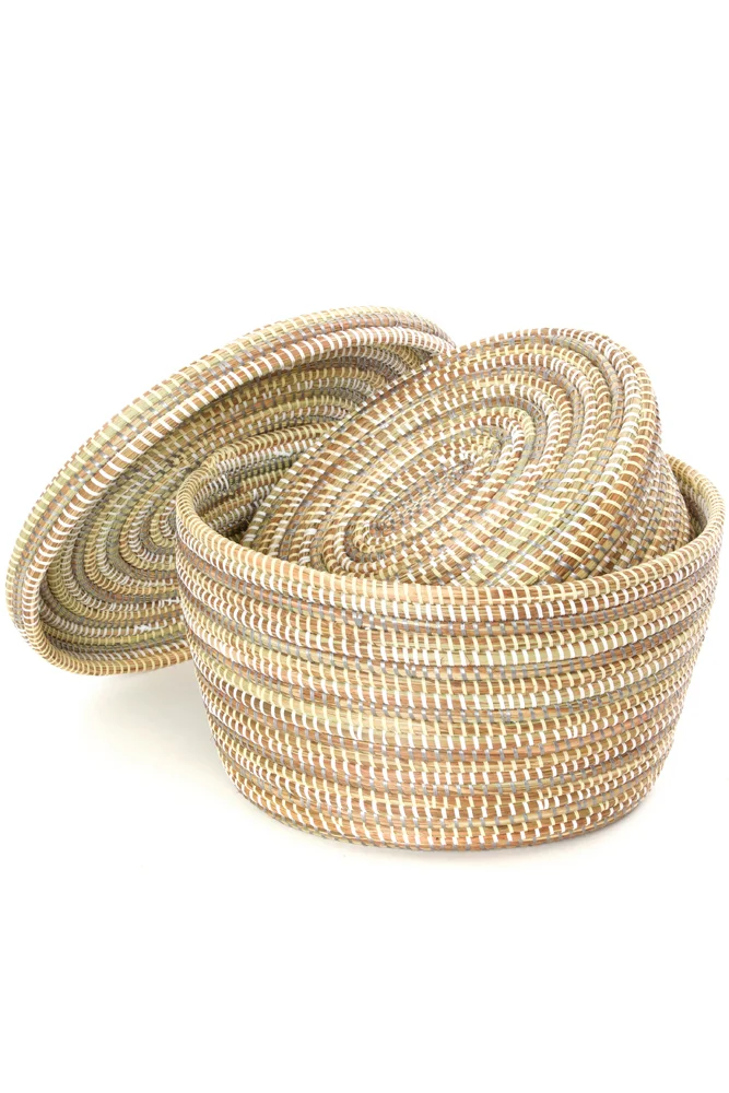 Set of Two Oval Nesting Lidded Baskets with Silver, Cream & White Stripes1.jpg