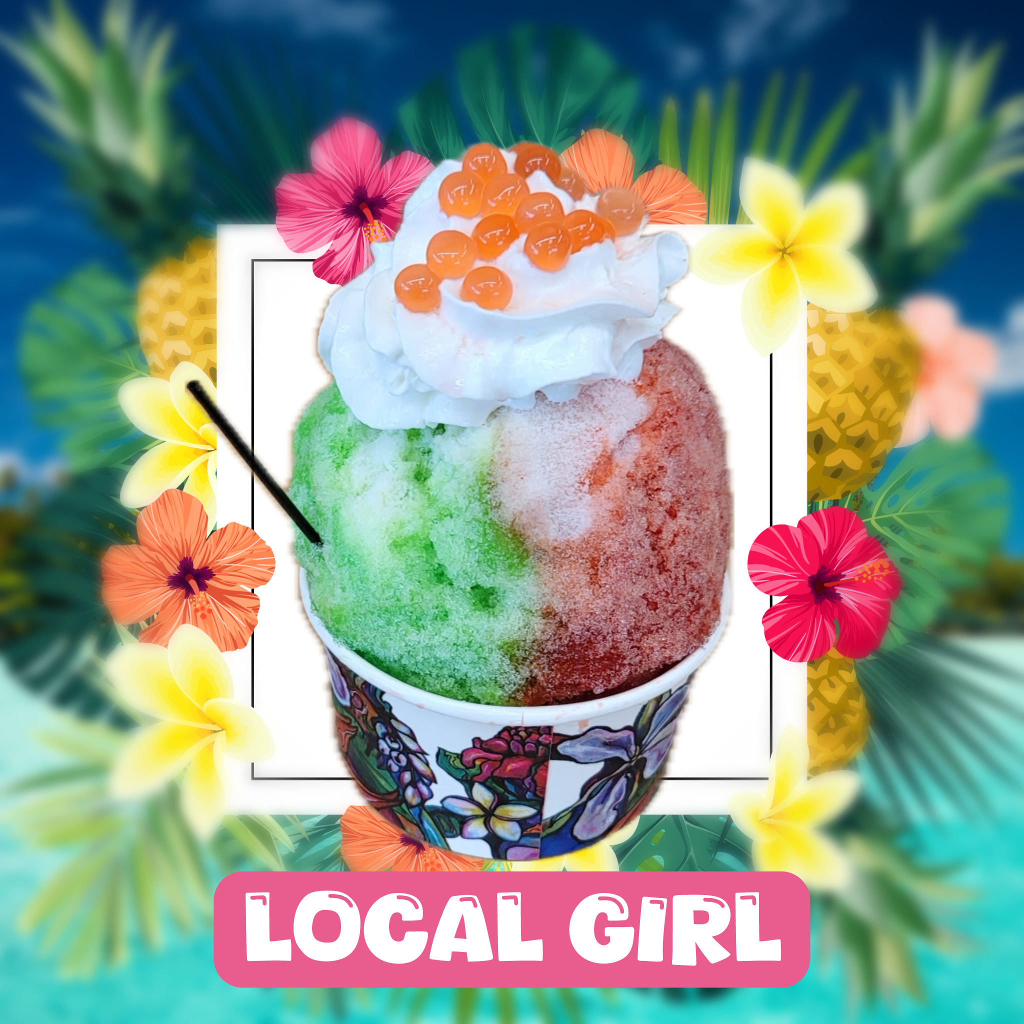  Strawberry &amp; Melona Syrup. Snow Cap &amp; Whipped Cream. Strawberry Boba. 
