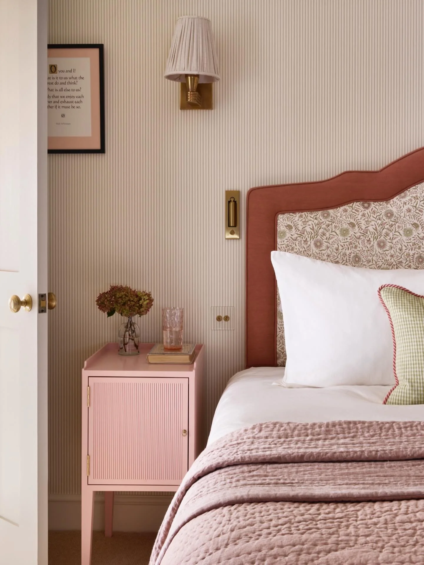 A soft bedroom scheme from a recent project. The client loved pink but wanted to have a more muted approach to it in their bedroom. 

This little corner is all about gentle tones that are quietly comforting &mdash;blush pinks, warm creams, and delica