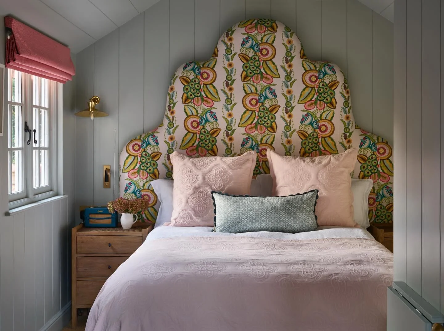 This annex from a recent project really has its own identity. The client already had the headboard and we decided to work from that with a brighter palette than the rest of the house. The annex had been an outside laundry room and coat store so we wo