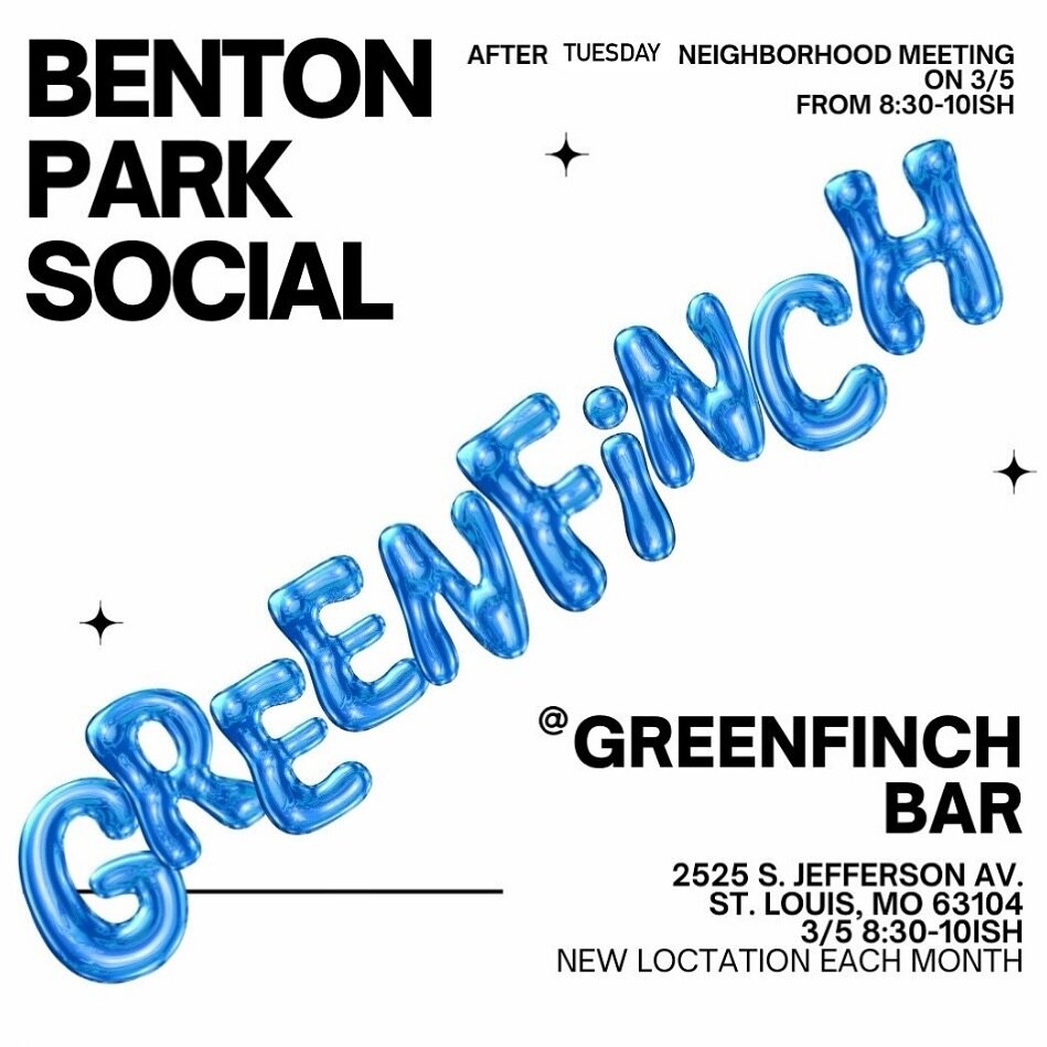 TUESDAY MARCH 5! We&rsquo;re heading to @greenfinchstl (the old Way Out Club!) on March 5 from 8:30-10ish for our after-meeting social. Come to the meeting, just come to the social or come to both! 
⠀⠀⠀⠀⠀⠀⠀⠀⠀
Greenfinch is a new bar in the hood that 