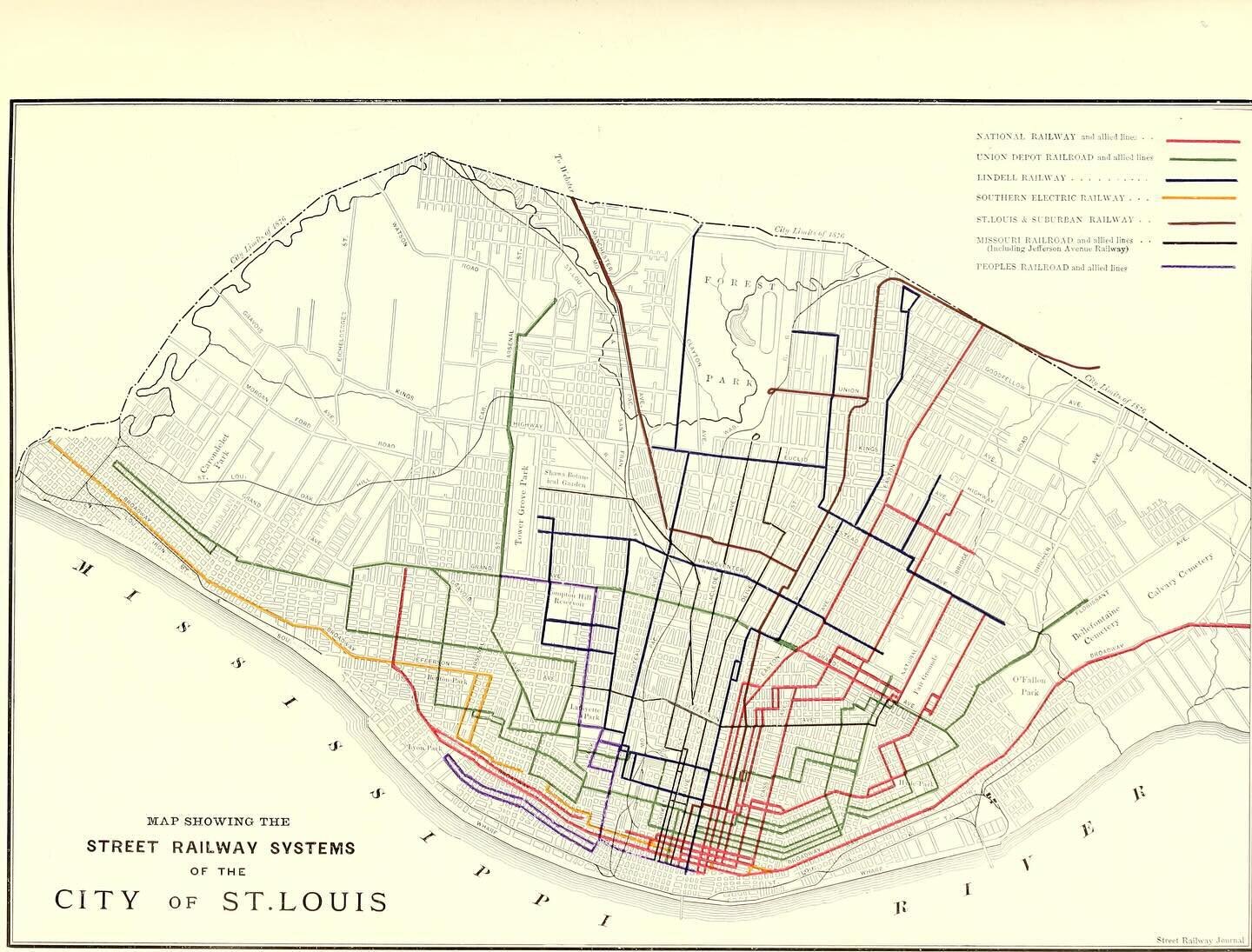 The colored lines were 1884 regional train systems. How close was your home to rail access to the larger St. Louis metro area?????? Share this so more people can see! 👀 
Via http://maps.slpl.org/