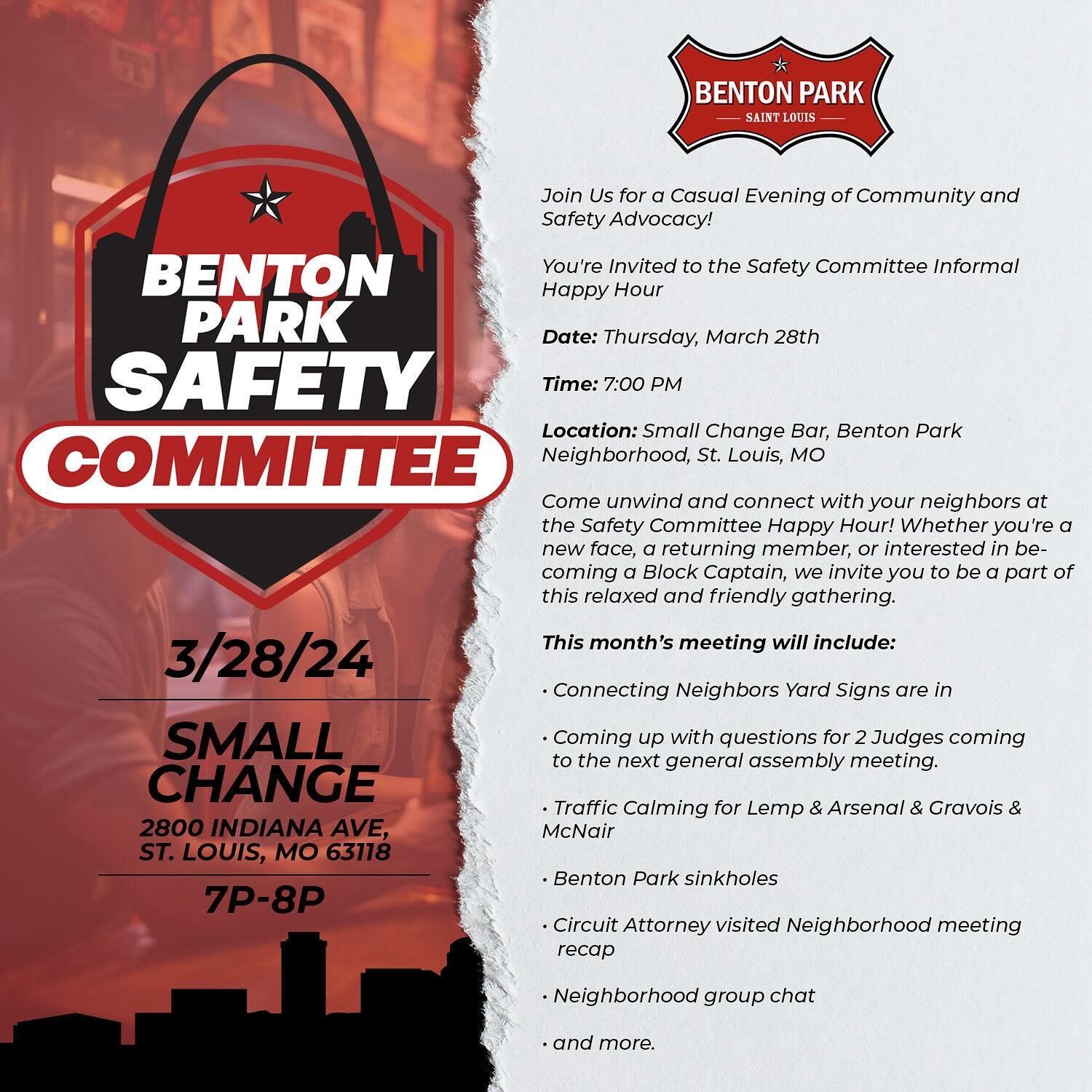 📢 Calling all community advocates in St. Louis, MO! 🌟 Join us for a Casual Evening of Community and Safety Advocacy at the Safety Committee Informal Happy Hour!

📅 Date: Thursday, March 28th 🕖 Time: 7:00 PM 📍 Location: Small Change Bar, Benton P