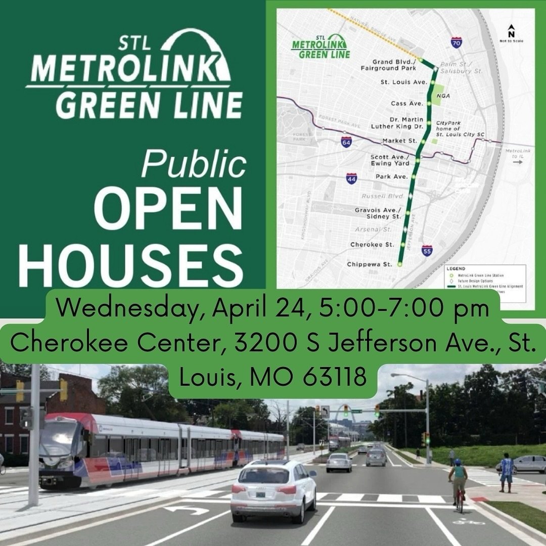 Come learn about this exciting transit opportunity! 
Wednesday, April 24, 5:00-7:00 pm
Cherokee Center, 3200 S Jefferson Ave., St. Louis, MO 63118