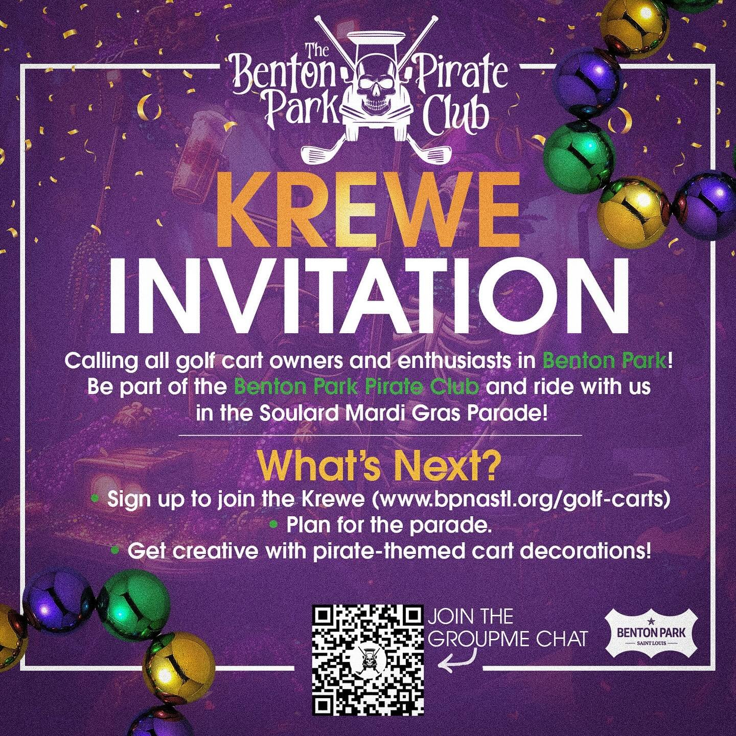 🏴&zwj;☠️ Calling All Benton Park Golf Cart Owners! 🏴&zwj;☠️

Do you own a golf cart? Join the Benton Park Pirate Club and become part of the most fun and spirited crew in the neighborhood! We&rsquo;re gearing up for exciting events, including parti
