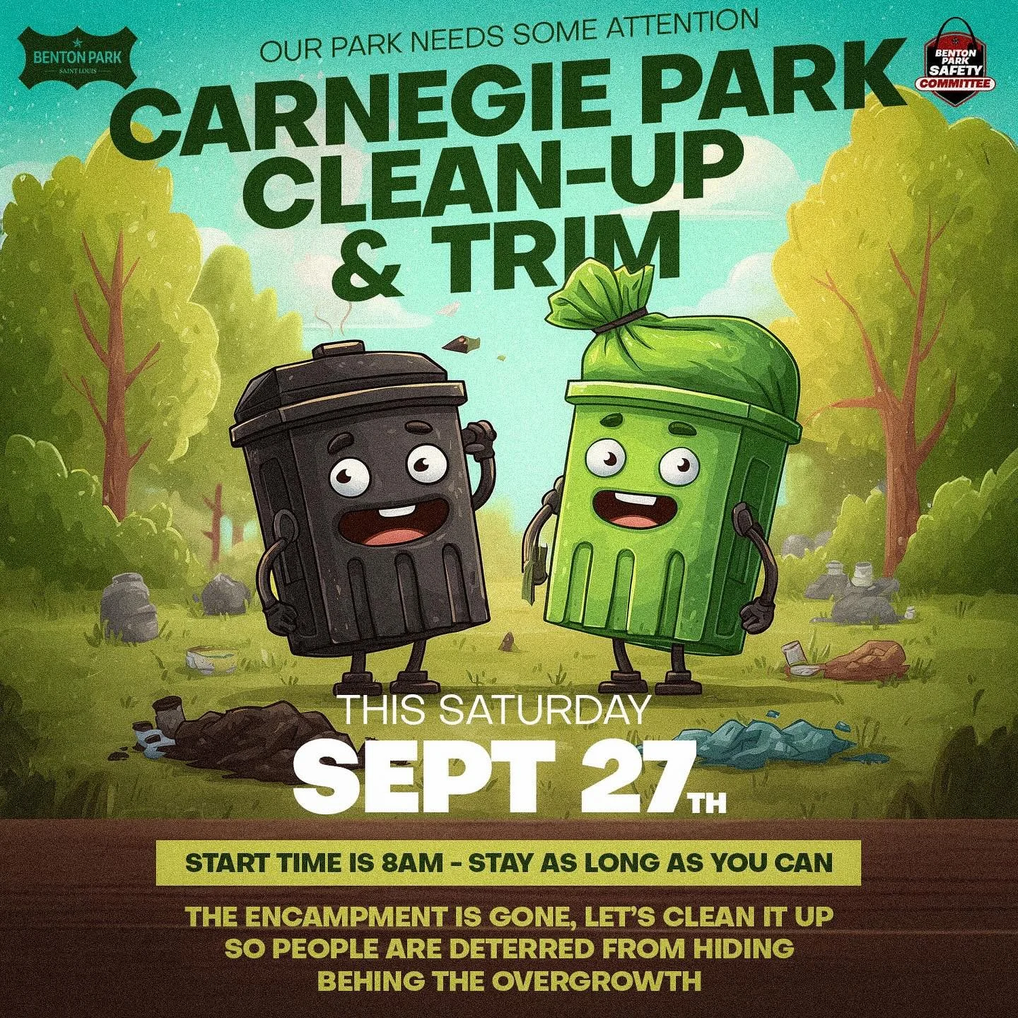 🌳 Benton Park Community Cleanup! 🌳

The park rangers cleared the encampment at Carnegie Park, and now it&rsquo;s time for us to come together to restore our beautiful park!

🗓 When: Saturday, 8:00 AM
📍 Where: Carnegie Park
🧤 What to Bring: Just 