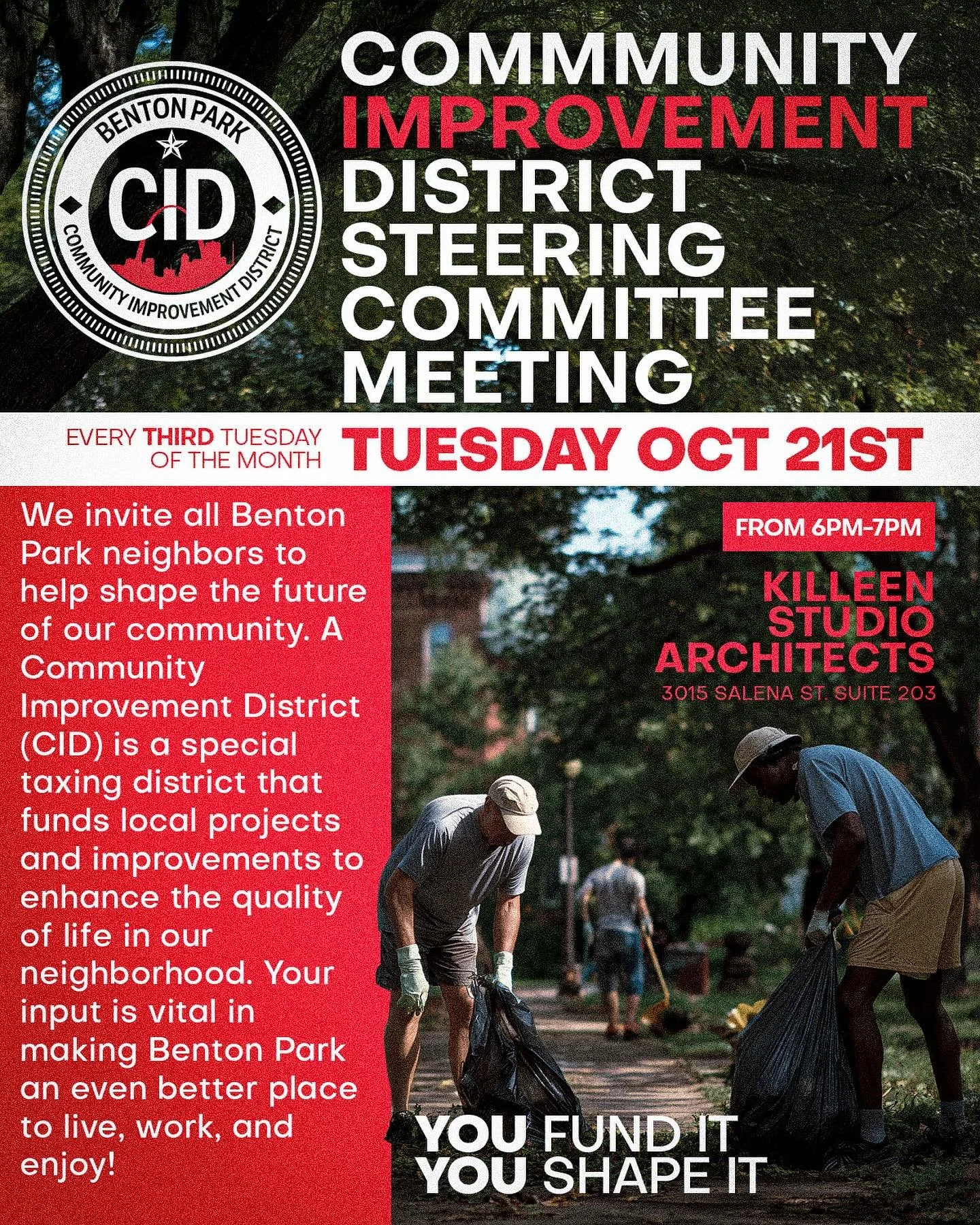 🚨 CID Steering Committee Meeting Tonight! 🚨

We&rsquo;re gearing up for a busy and exciting 2026, and we need all hands on deck to help shape what&rsquo;s ahead for our community.

🗓 Tonight | 6&ndash;7 PM
📍 Killeen Studio Architects
3015 Salena 
