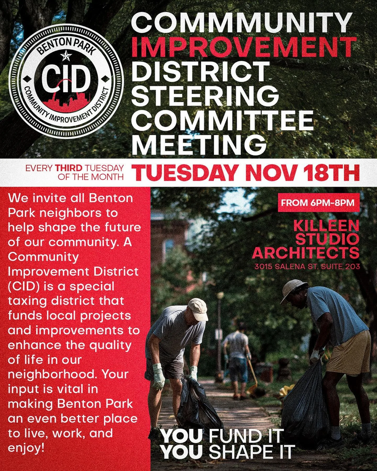 🌆 Benton Park CID Steering Committee Meeting &mdash; TONIGHT @ 6PM

We&rsquo;re meeting tonight at 6pm at Killeen Studio Architects
📍 3015 Salena St., Suite 203

We&rsquo;ll be discussing:
&bull; Our information booth for the Benton Park Holiday Pa
