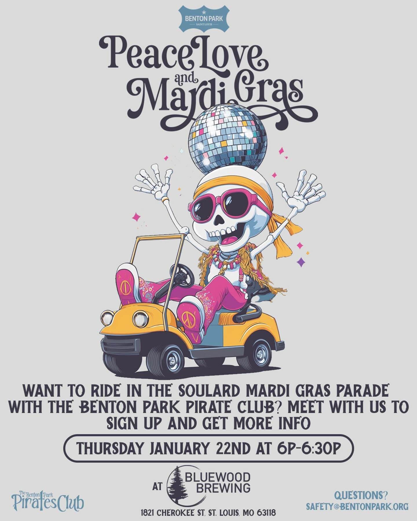 🏴&zwj;☠️🪩 Soulard Mardi Gras Parade Crew! 🪩🏴&zwj;☠️
If you&rsquo;re riding with us (The Benton Park Pirate Club) this year, we&rsquo;re having a quick planning meeting this Thursday at Bluewood Brewing from 6:00&ndash;6:30 PM.

We&rsquo;ll lock i