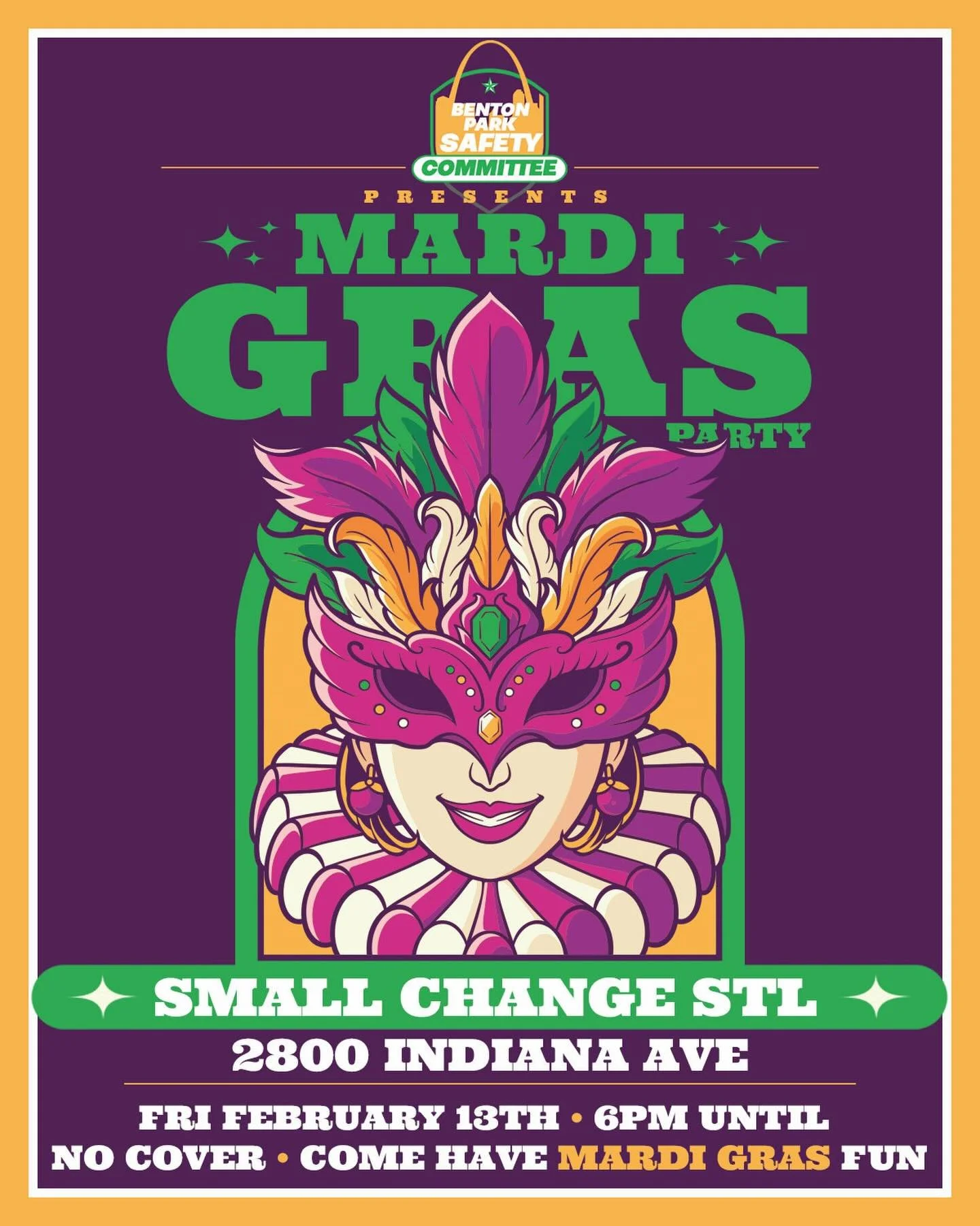 Benton Park&hellip; it&rsquo;s time. 💜💚💛
The Benton Park Safety Committee Mardi Gras Party is taking over Small Change STL and you&rsquo;re invited.
Beads, drinks, music, neighbors, chaos (the good kind).

📍 2800 Indiana Ave
🗓 Friday, Feb 13
⏰ 6