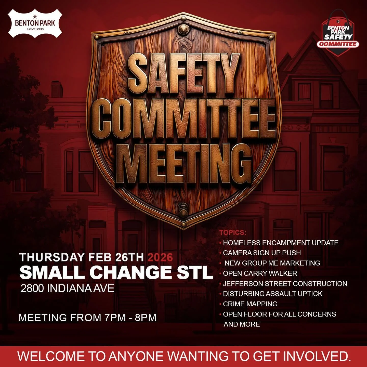 🚨 Neighborhood Safety Meeting &mdash; Tonight 🚨

If you care about what&rsquo;s happening on your block, this is for you.

🗓 Tonight | 7:00 PM
📍 Small Change

Topics include:
&bull; Homeless encampment update
&bull; Camera sign-up push
&bull; New