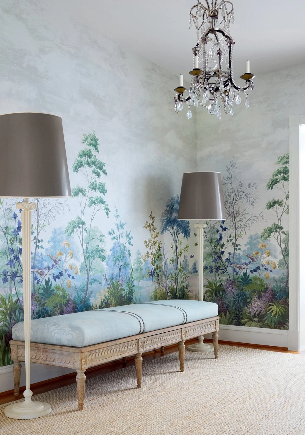 Belvedere-CumbriaMuralWP-blue-white-on-pearl-DarceyDamaskFAB-softblue-FancyBorderTRIM-mallard-sage.jpg