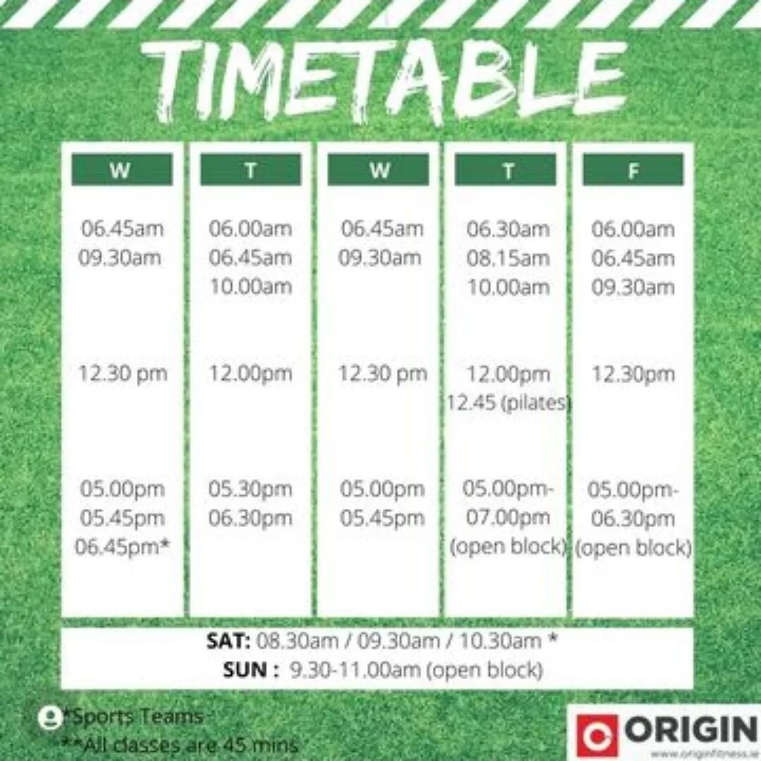 🏋🏻&zwj;♀️ Origin Fitness Class Schedule🏋🏻&zwj;♀️

Also don&rsquo;t forget we have our unique well spaced outdoor training facility which is lovely on these sunny summer evenings

Schedule will be growing and changing somewhat for the September ru