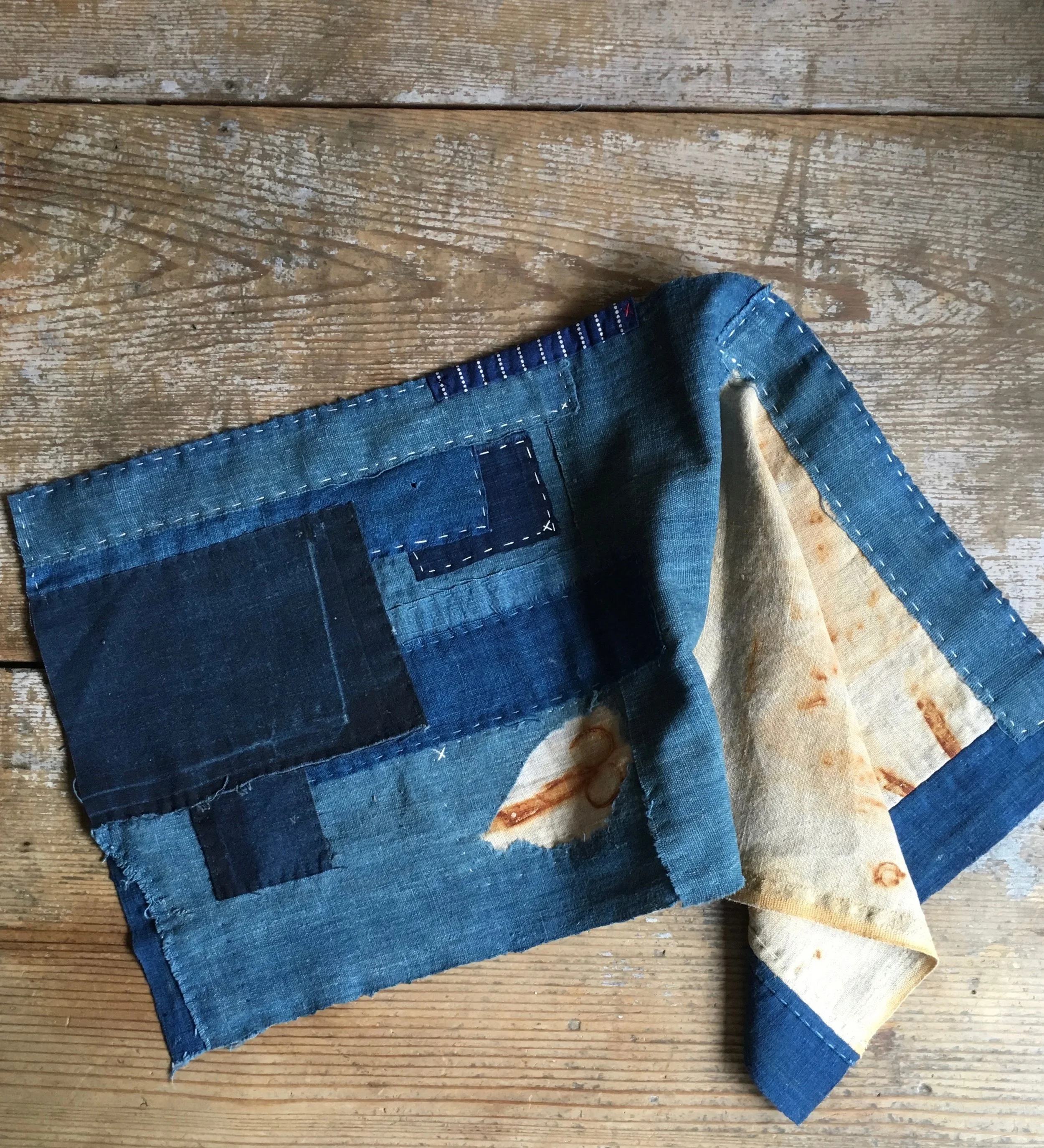 Hand Stitched Boro &amp; Rust Dyed Table Center