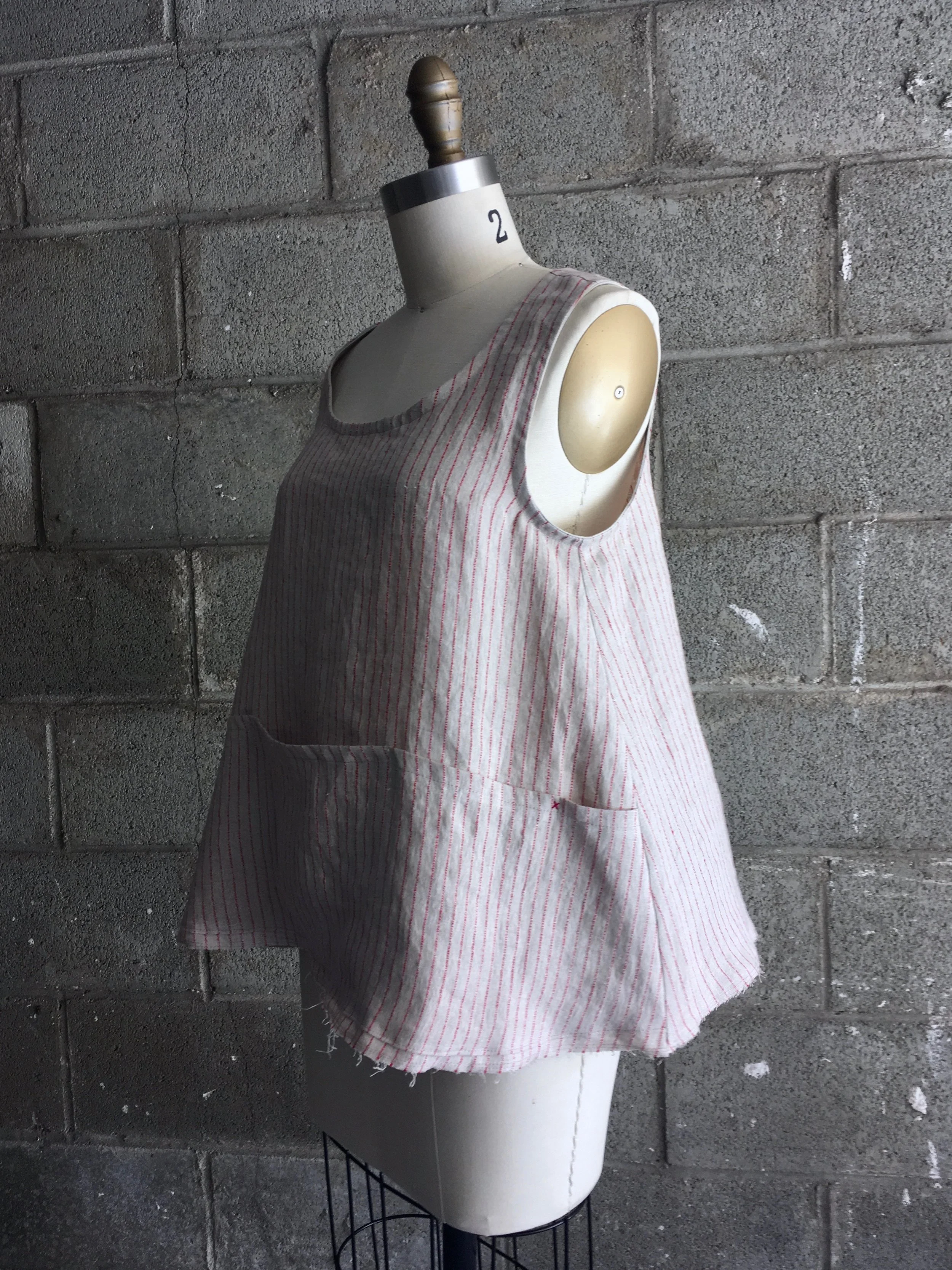 Organic Natural &amp; Red Striped Linen Smock Blouse