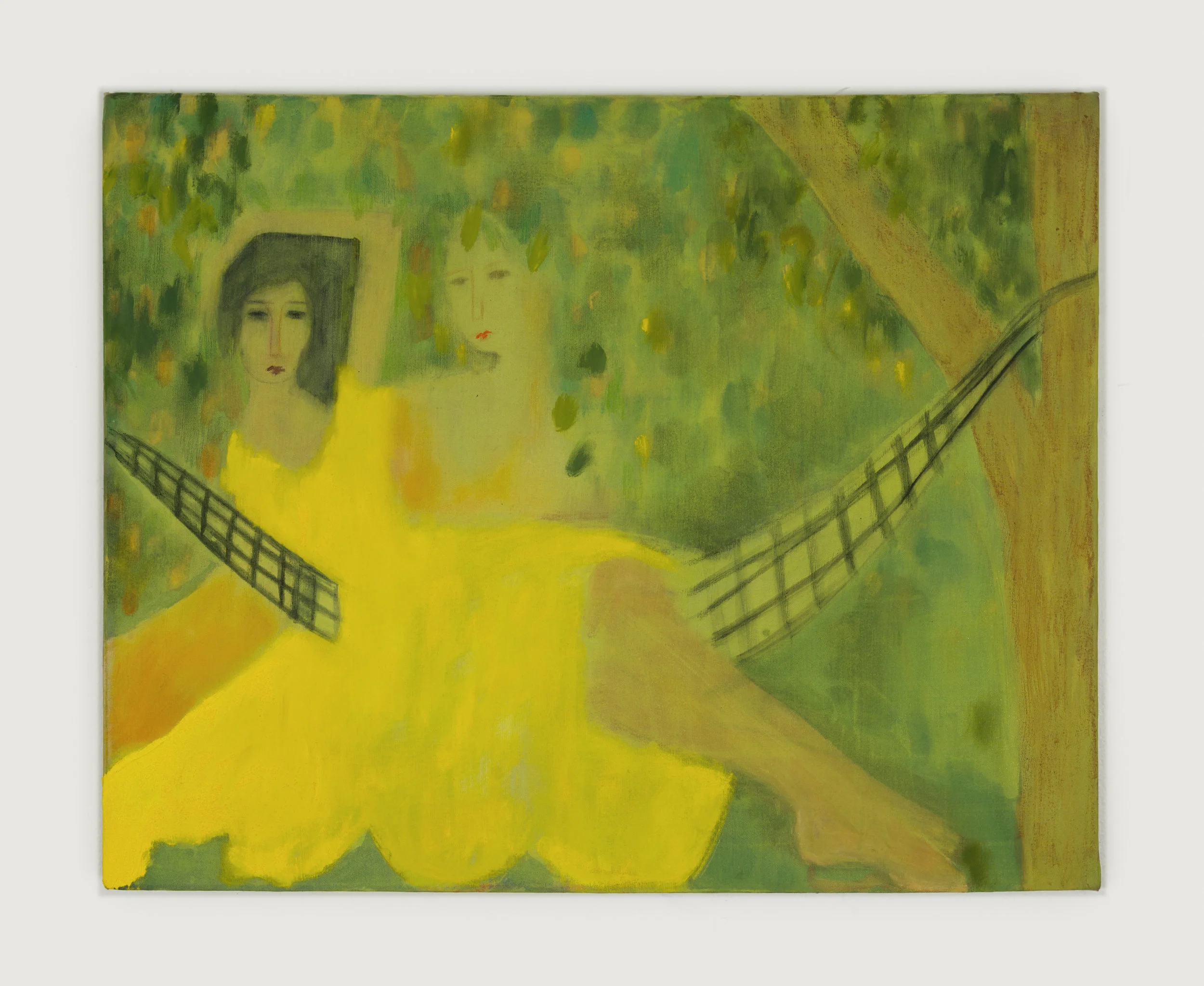 Hammock Girls, distemper, oil, and glass beads on linen, 24 in. x 20 in., 2019