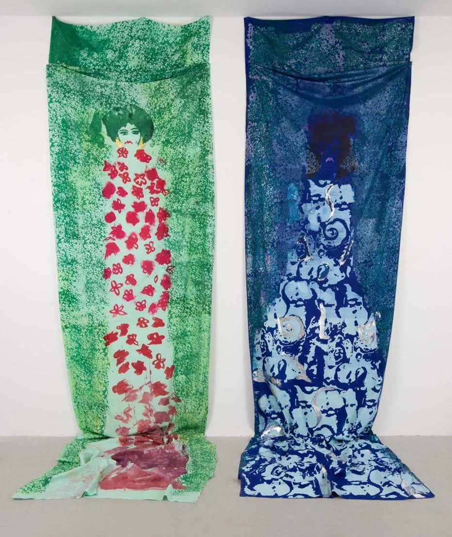 Softly Monumented, screen print, transferred dye, and metallic foil on cotton, 168 in. x 36 in., 2016
