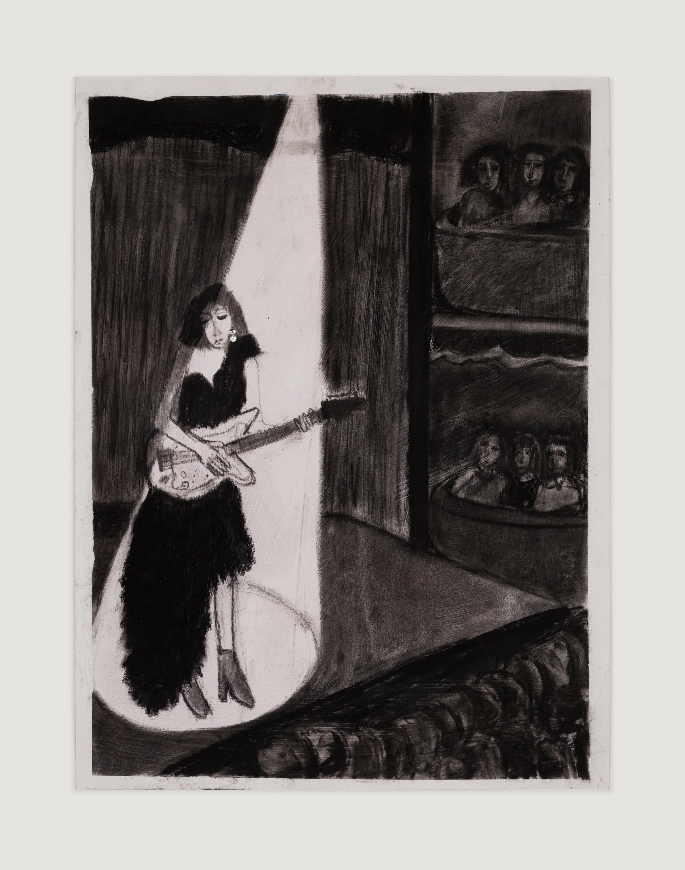 Girl with Guitar, charcoal and sequins on paper, 24 in. x 18 in., 2018