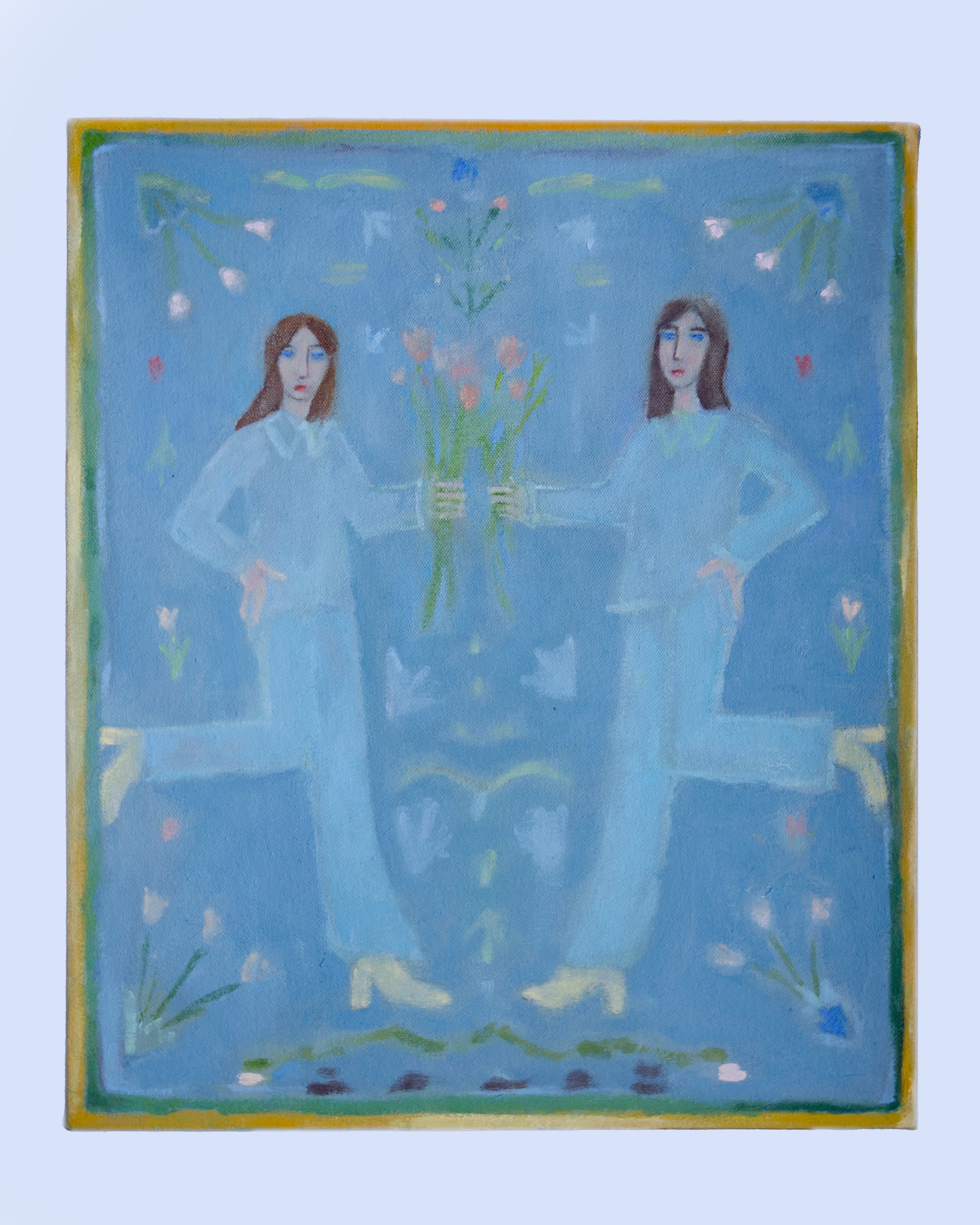   Girls with Flowers,  oil and glass beads on canvas, 18x15”, 2022 