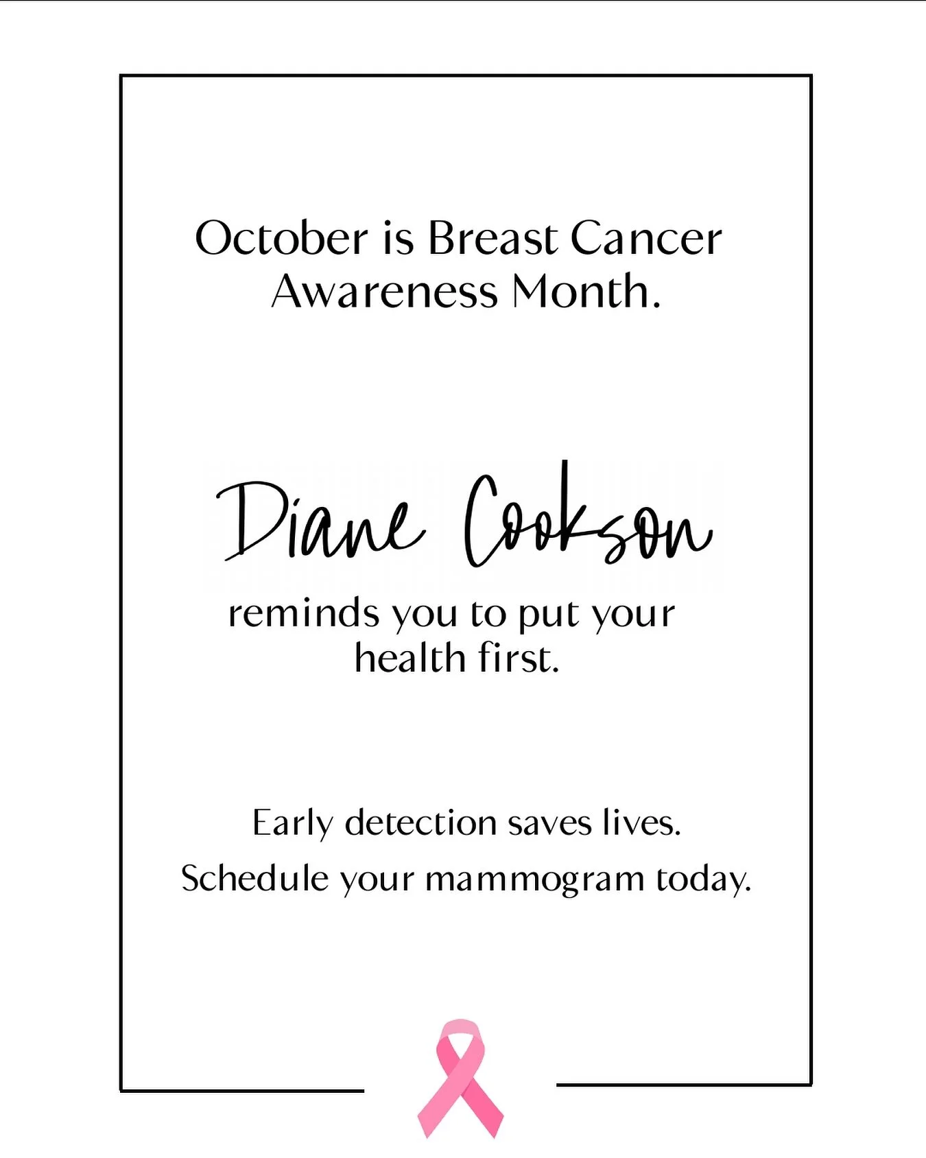 Your Health Matters 💞

Early detection saves lives. This Breast Cancer Awareness Month, join me in making your health a priority. Schedule your mammogram, encourage a friend, and take that step for yourself. You&rsquo;re worth it. 💪🎗️