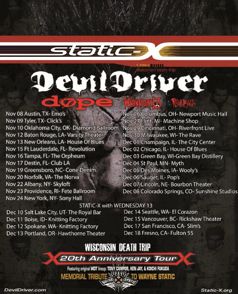 STATIC-X and DEVILDRIVER Announce Second Leg of Co-Headline North American Wisconsin Death Trip 20th Anniversary Tour