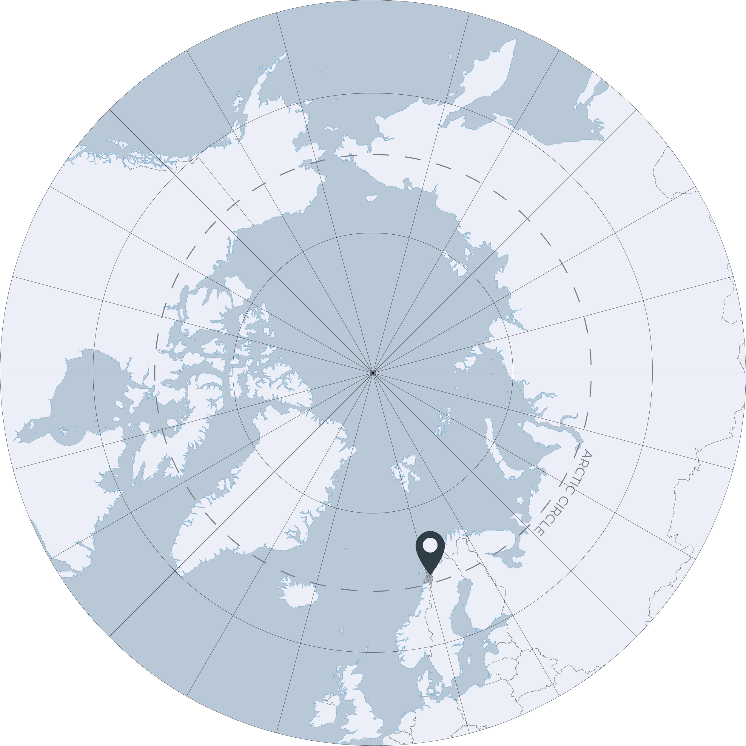 Map of the Arctic region focusing on Greenland, the North Pole, and surrounding areas, with a marker near Norway.