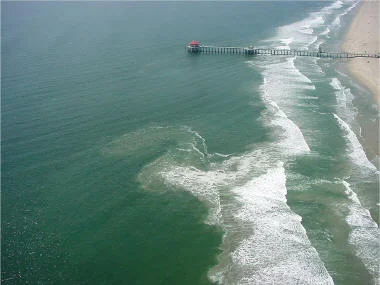 A large rip current along the California coast (courtesy of Huntington Beach lifeguards).