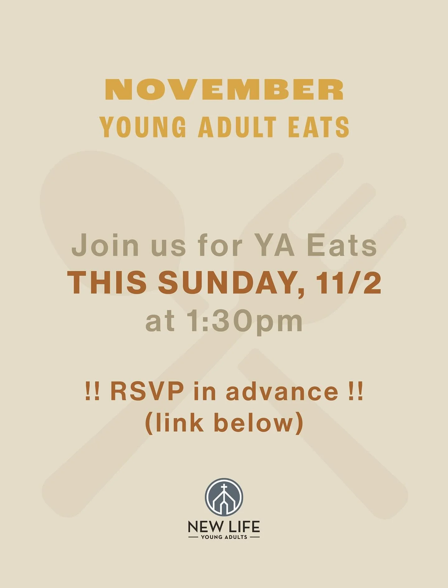 join us for our YA Eats at Paul and Christine&rsquo;s home this Sunday! please register using this link (https://newlifepres.churchcenter.com/registrations/events/3211767) so we can prepare enough food. see you all there!