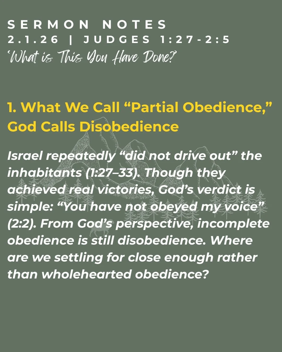 Here are this past Sunday&rsquo;s sermon notes from Judges 1:27-2:5 &ldquo;What is This You Have Done?&rdquo;

For the full sermon, please visit our YouTube at @newlifepres 

If you&rsquo;re looking for a church, then join us! 
10AM service in the la