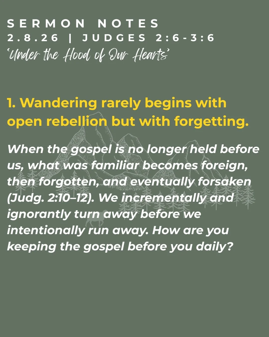 Here are sermon notes from this past Sunday&rsquo;s sermon on Judges 2:6-3:6 &ldquo;Under the Hood of Our Hearts&rdquo;

For the full sermon, please visit our YouTube @newlifepres 

If you&rsquo;re looking for a church, join us for worship! 
10am ser