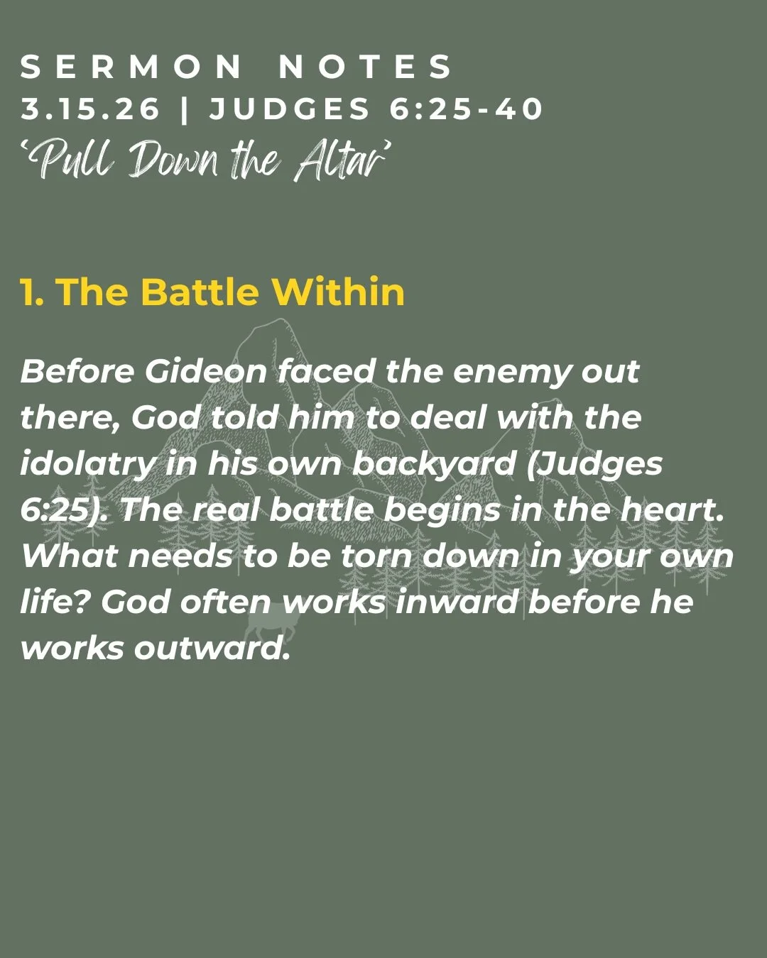 Here are sermon notes from this past Sunday on Judges 6:25-40 &ldquo;Pull Down the Altar&rdquo;

For the full sermon, please visit our YouTube&nbsp;@newlifepres

If you&rsquo;re looking for a church, join us for worship!
10AM service in the larger sa